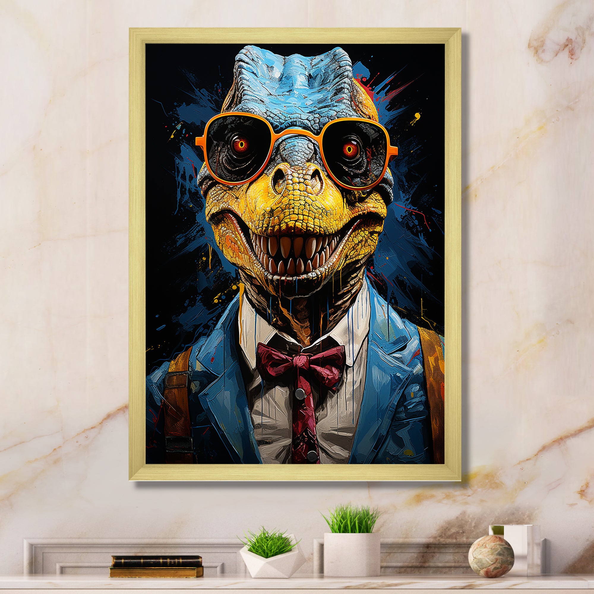 Classical Dino Grace in suit - Dinosaur Large Canvas Wall Art