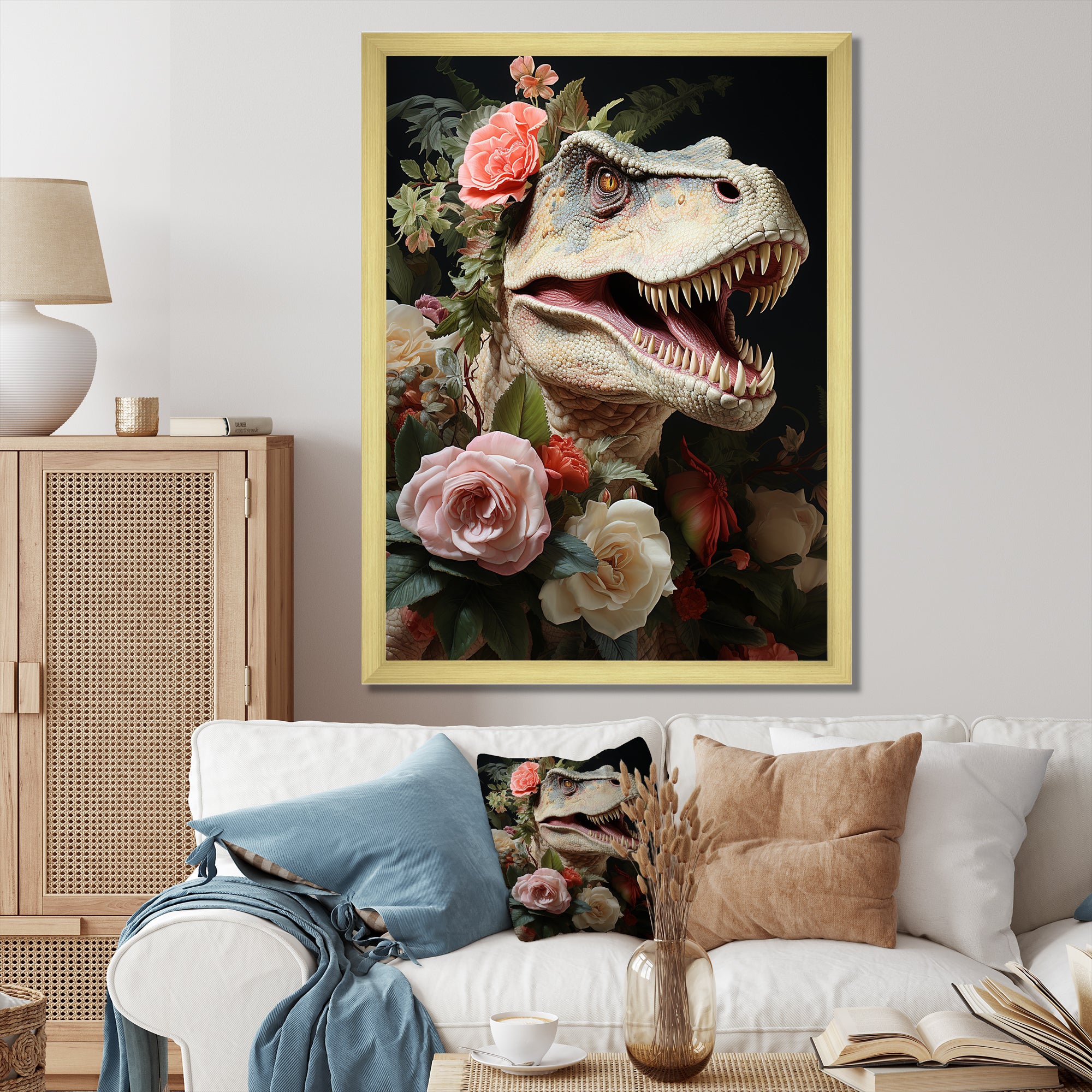 Floral Velociraptor jungle portrait - Dinosaur Wall Decor