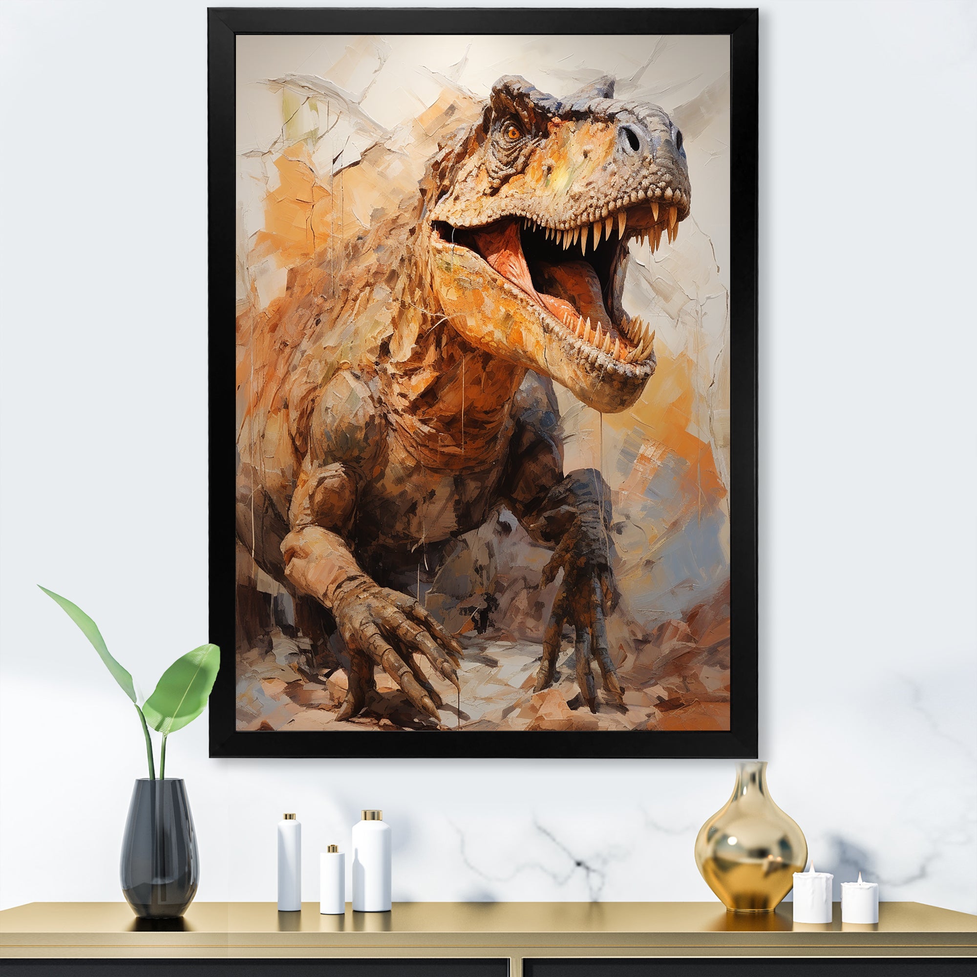 Brown and grey Raptor dino - Brown Dinosaur Wall Art