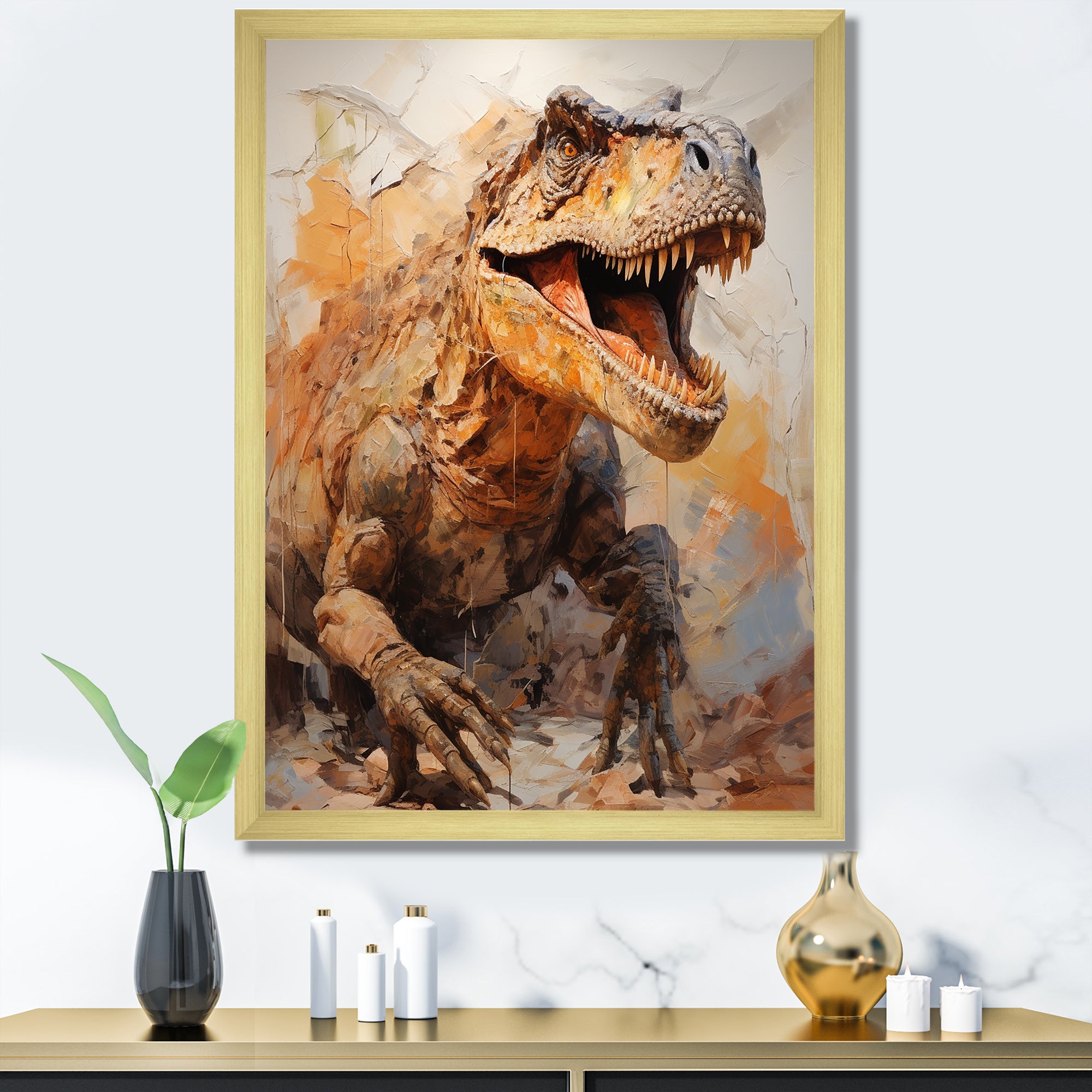 Brown and grey Raptor dino - Brown Dinosaur Wall Art