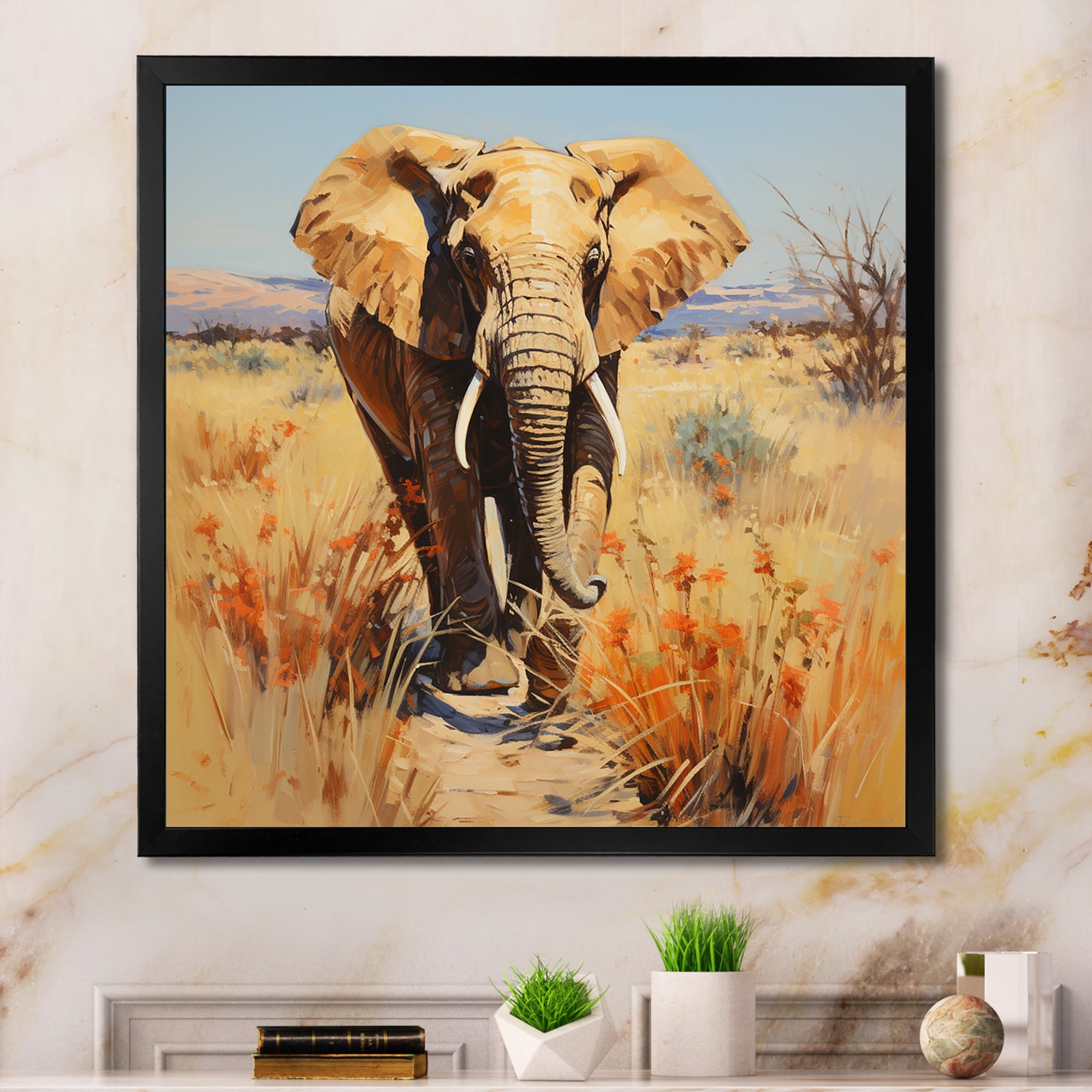 Grey Elephant in African horizon - Elephant Framed Canvas Art