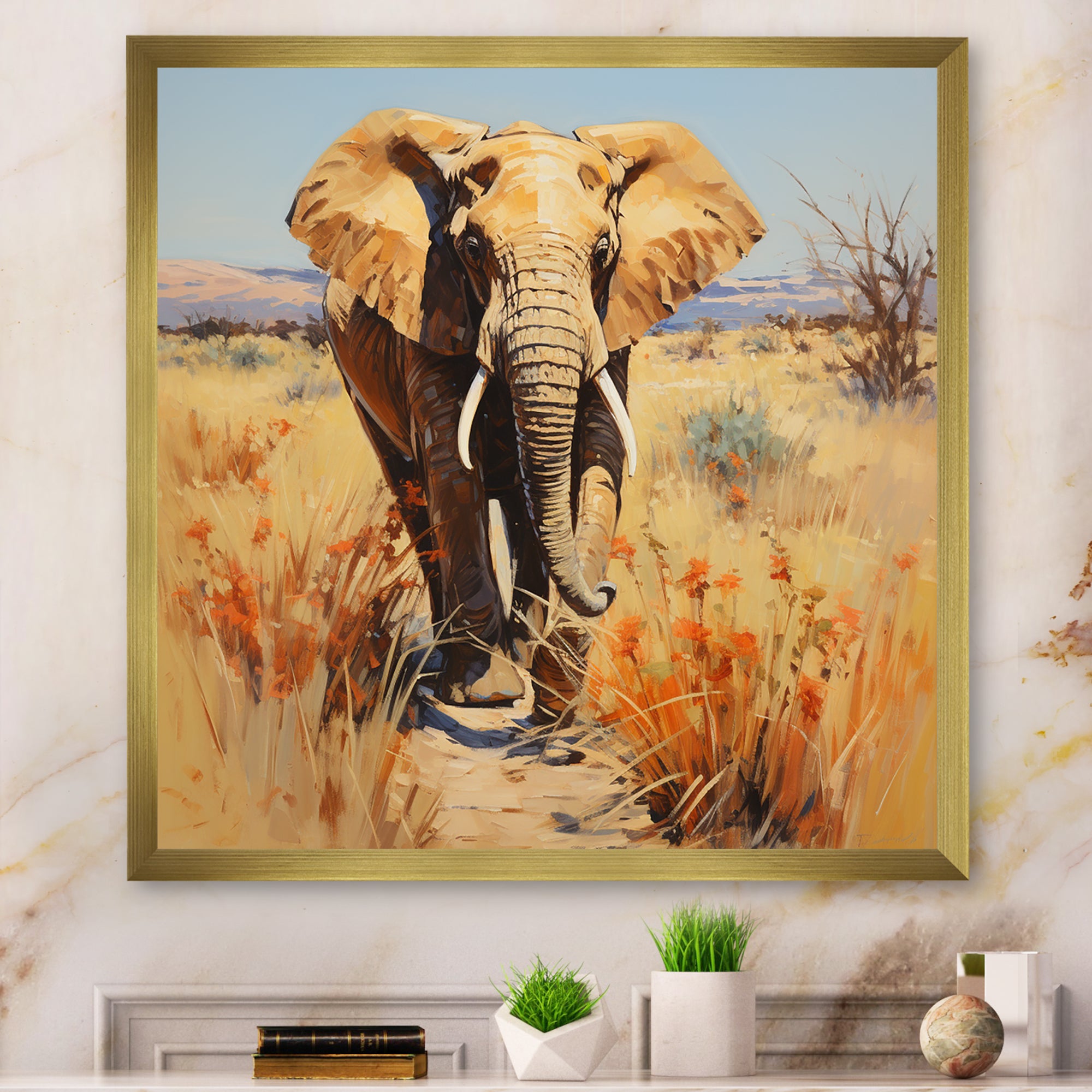 Grey Elephant in African horizon - Elephant Framed Canvas Art