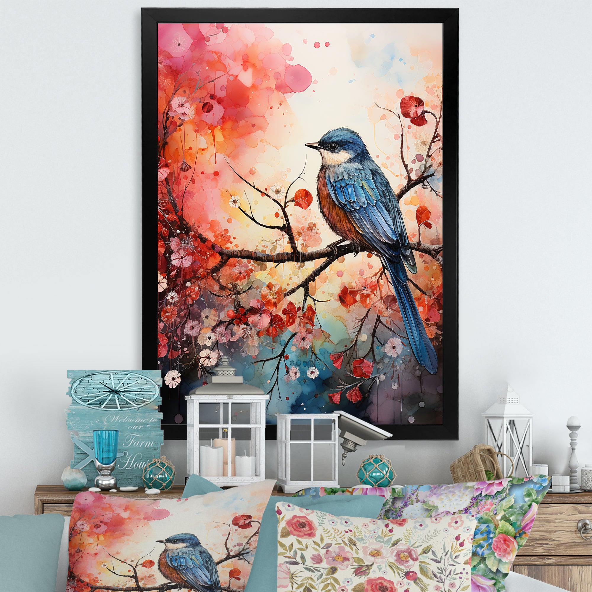 Pink Enchanted floral Botanicals with Eastern blue bird - Bird Floral Home Decor Art