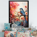 Pink Enchanted floral Botanicals with Eastern blue bird - Bird Floral Home Decor Art