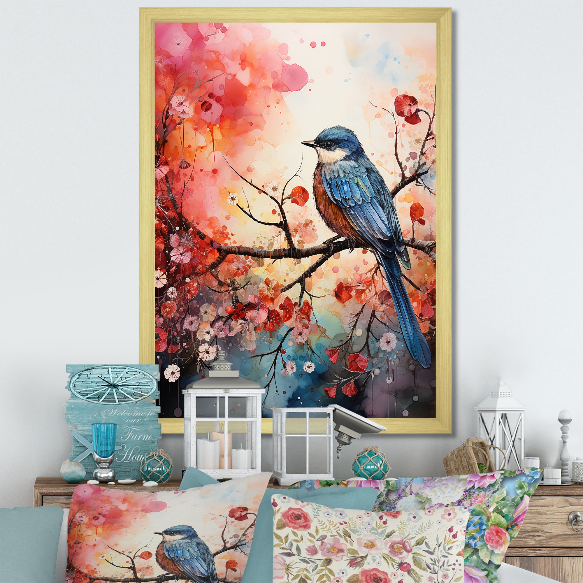 Pink Enchanted floral Botanicals with Eastern blue bird - Bird Floral Home Decor Art