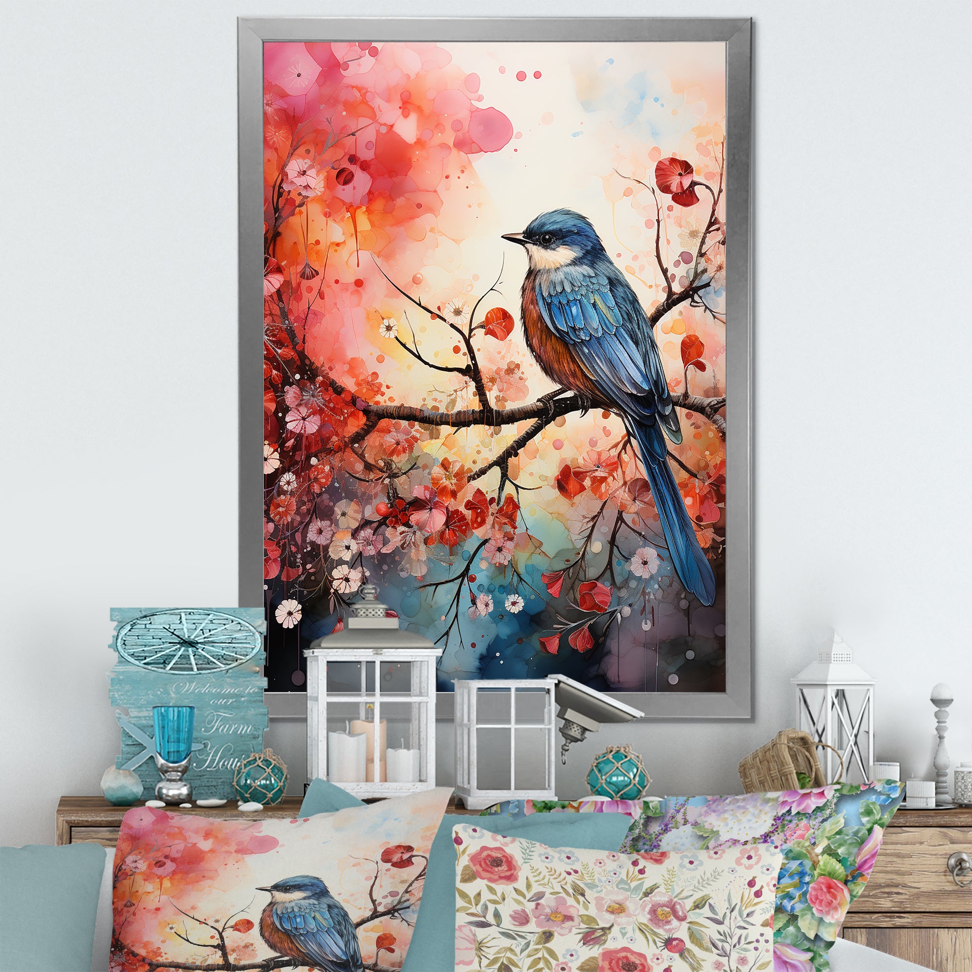 Pink Enchanted floral Botanicals with Eastern blue bird - Bird Floral Home Decor Art