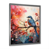 Pink Enchanted floral Botanicals with Eastern blue bird - Bird Floral Home Decor Art