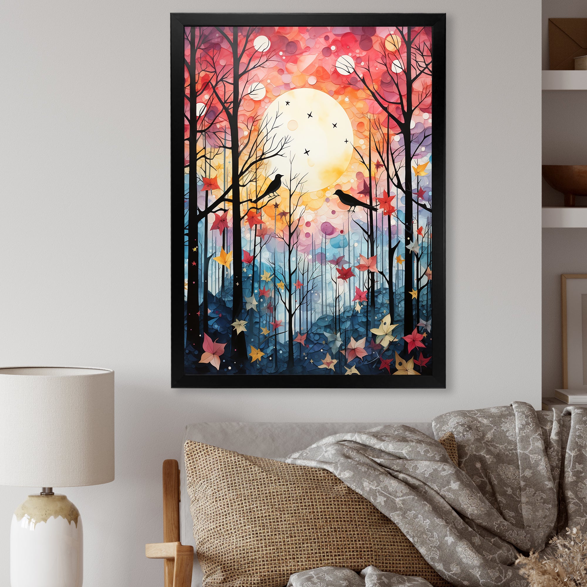 Pink Enchanted floral Botanicals with Eastern bluebird - Bird Floral Living Room Wall Art