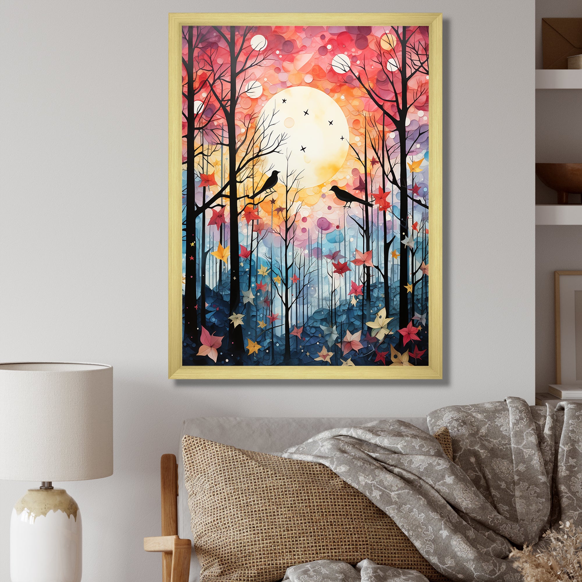 Pink Enchanted floral Botanicals with Eastern bluebird - Bird Floral Living Room Wall Art