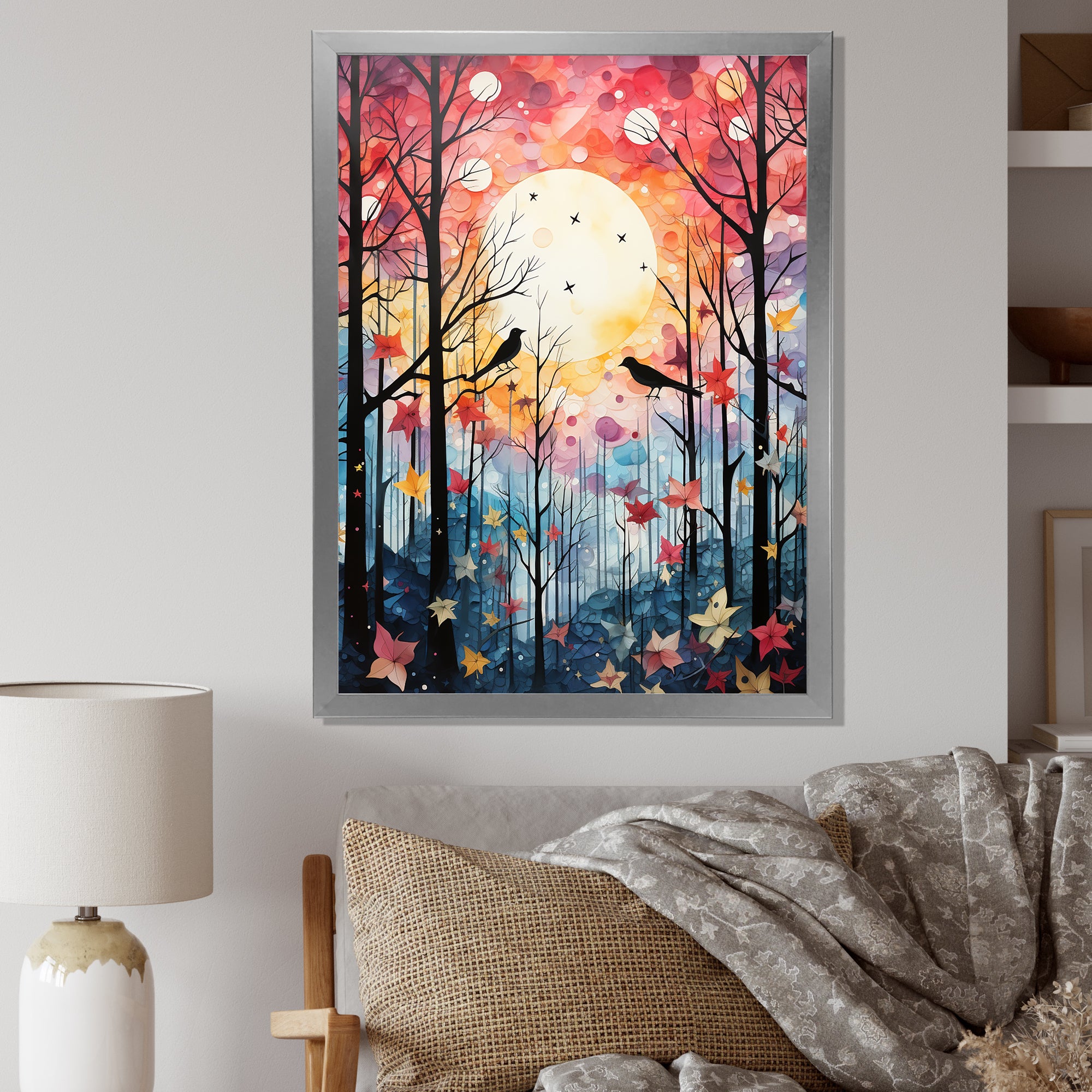 Pink Enchanted floral Botanicals with Eastern bluebird - Bird Floral Living Room Wall Art