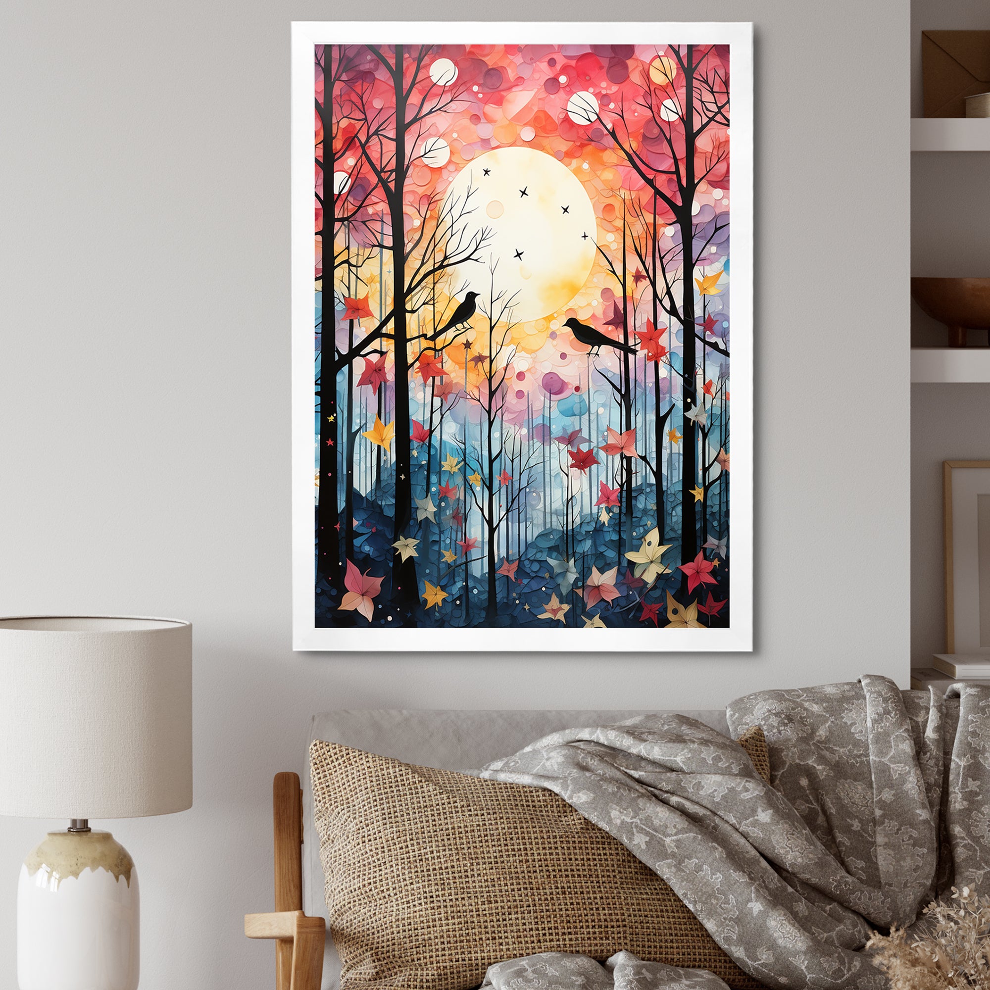 Pink Enchanted floral Botanicals with Eastern bluebird - Bird Floral Living Room Wall Art