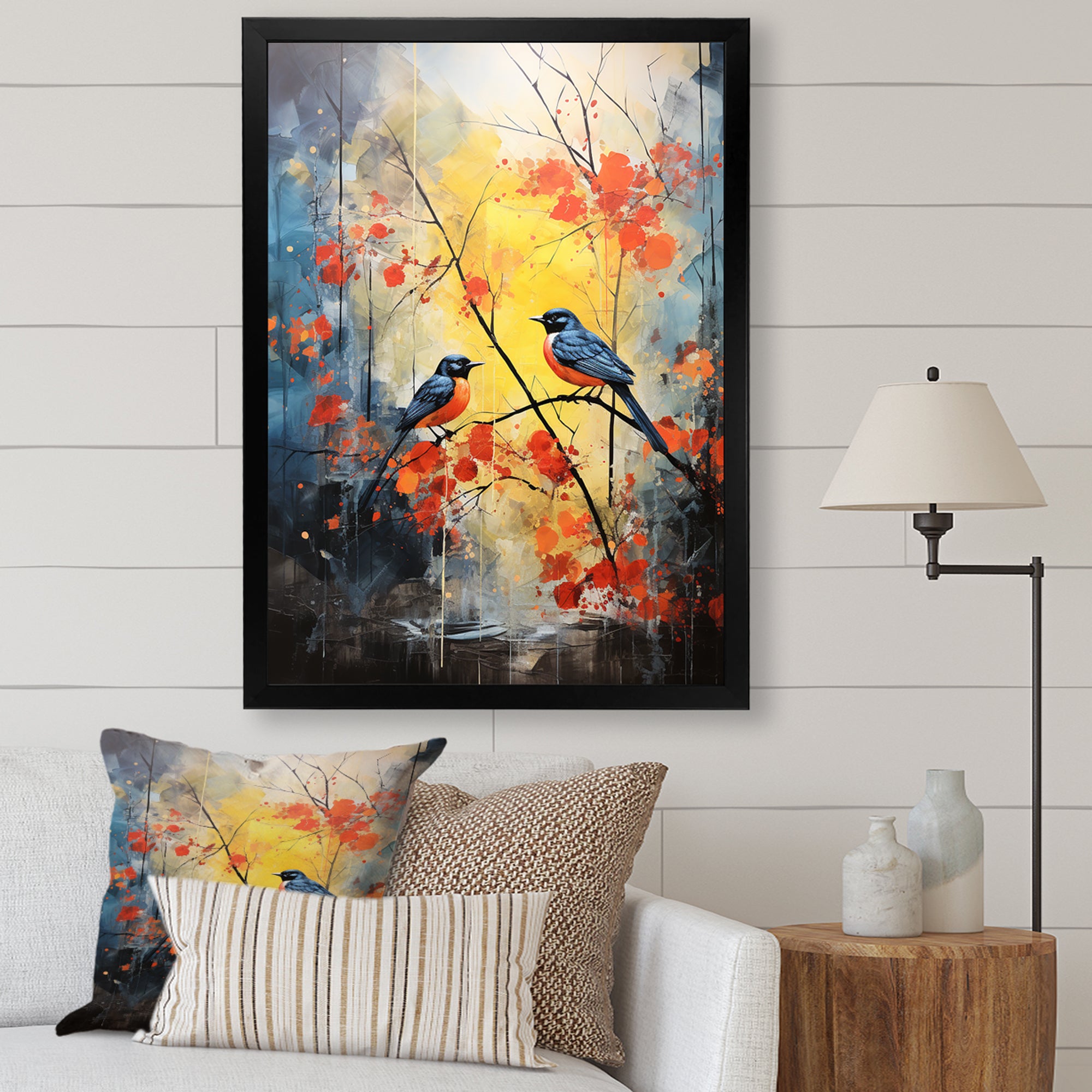 Blue and yellow forest with Eastern bluebird - Bird Floral Bedroom Wall Art
