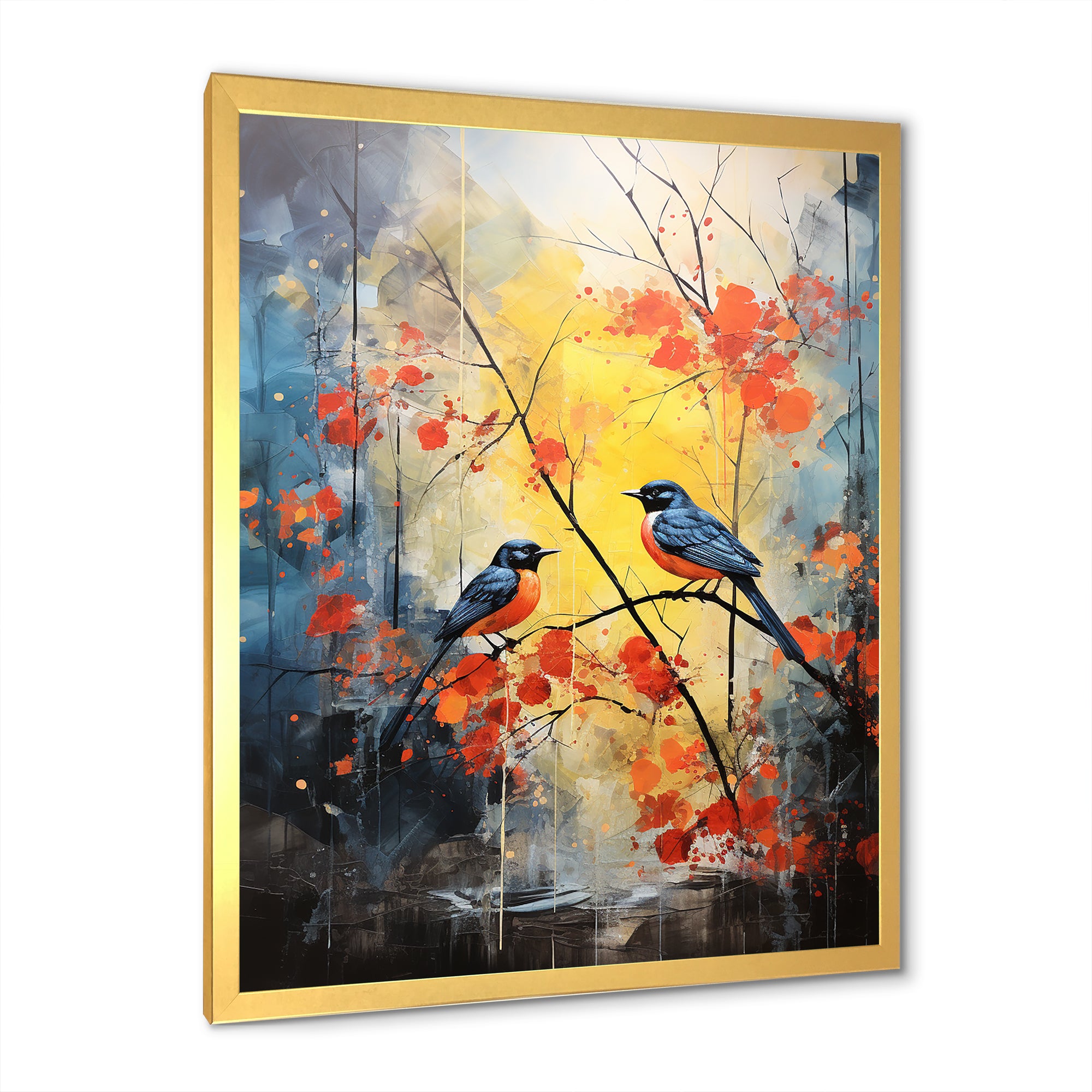 Blue and yellow forest with Eastern bluebird - Bird Floral Bedroom Wall Art