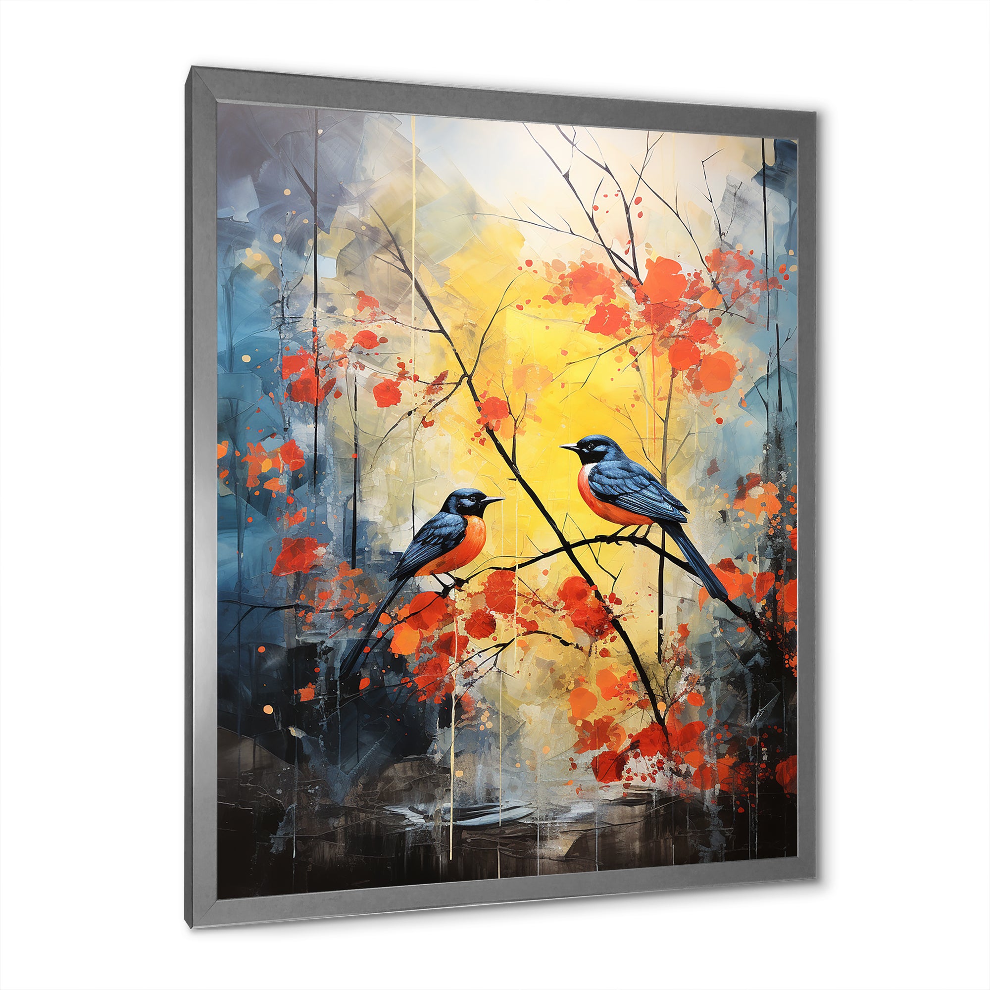 Blue and yellow forest with Eastern bluebird - Bird Floral Bedroom Wall Art