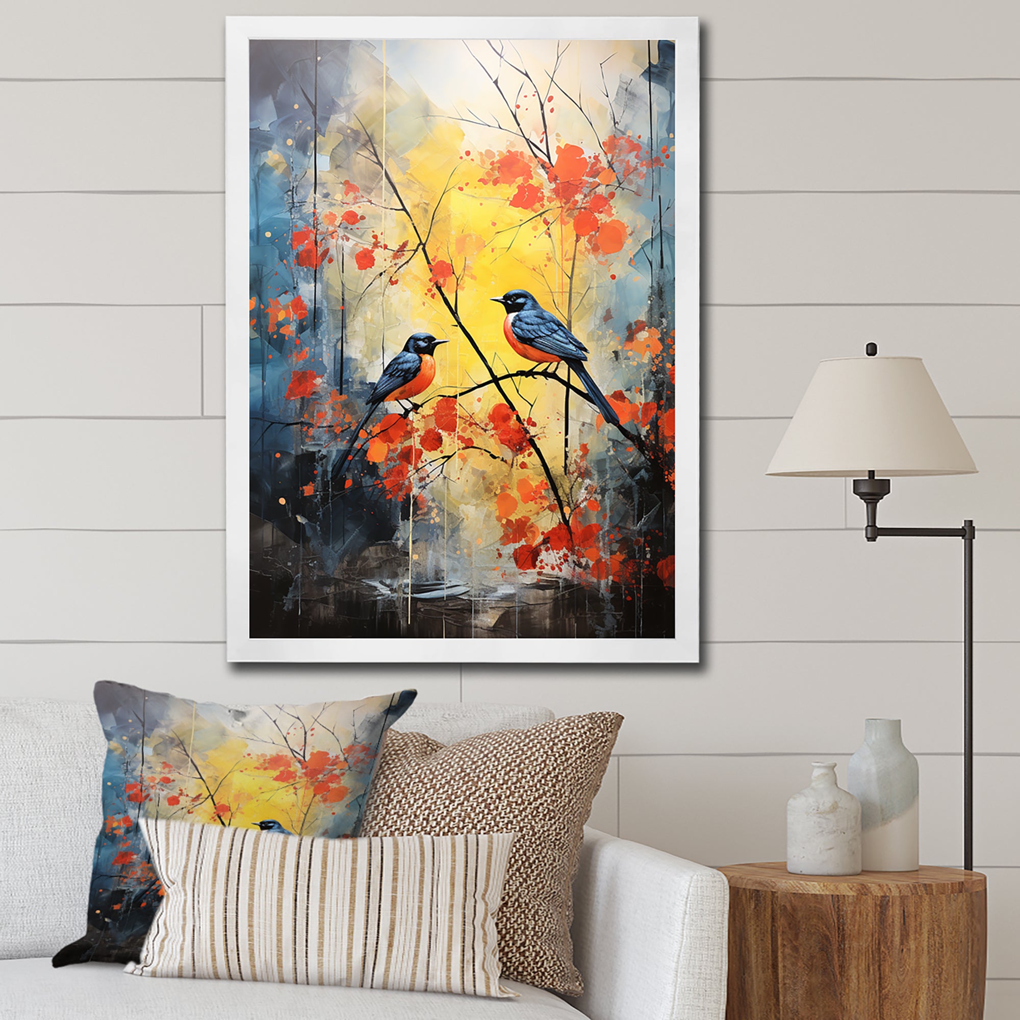 Blue and yellow forest with Eastern bluebird - Bird Floral Bedroom Wall Art