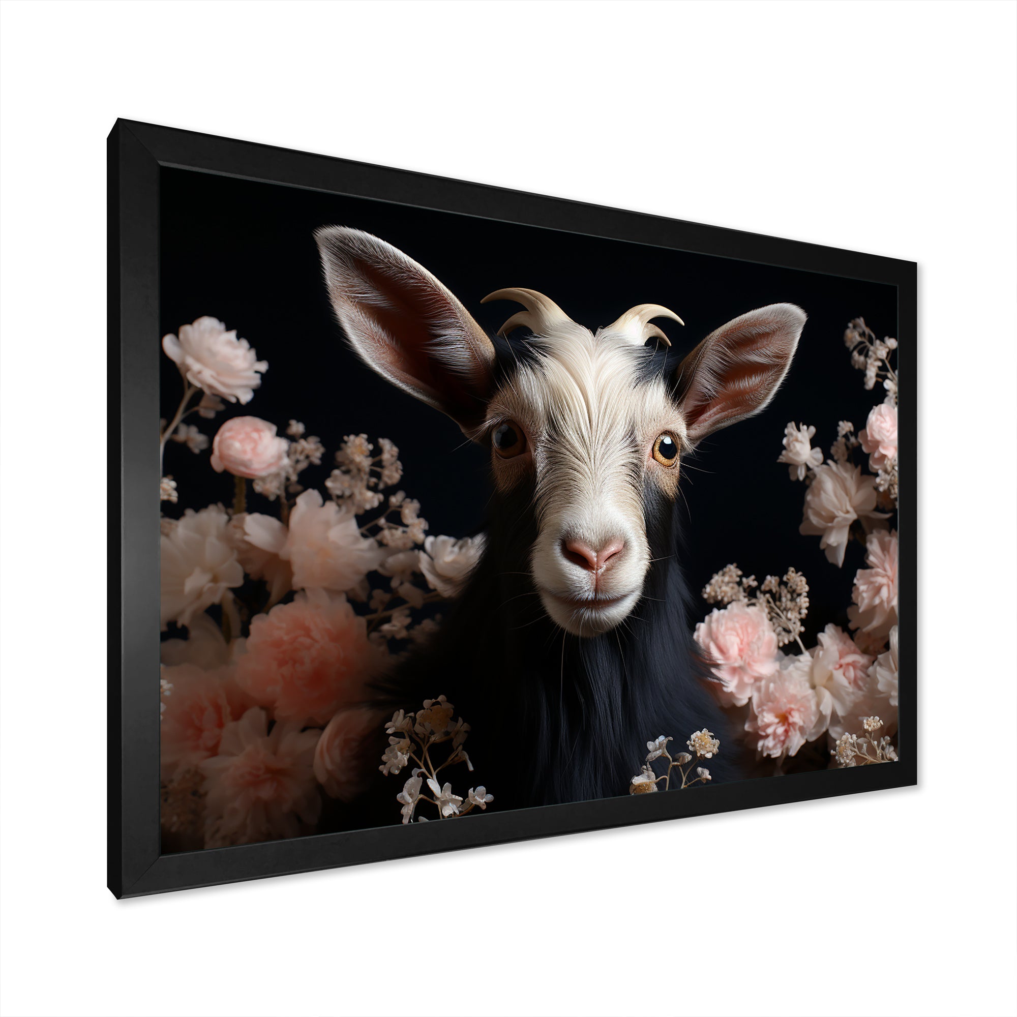 White and pink floral goat portrait - Goat Wall Art Prints