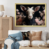 White and pink floral goat portrait - Goat Wall Art Prints
