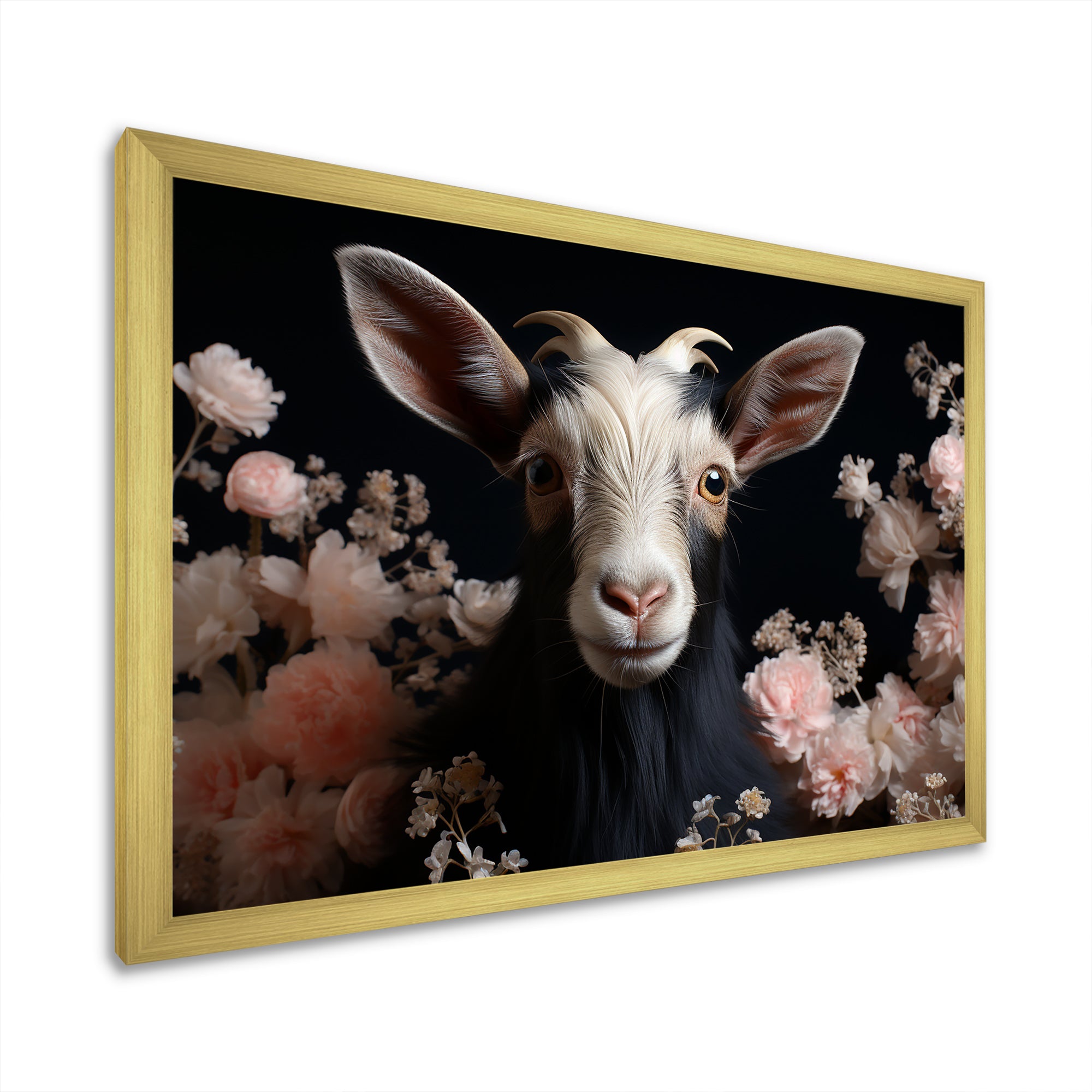 White and pink floral goat portrait - Goat Wall Art Prints