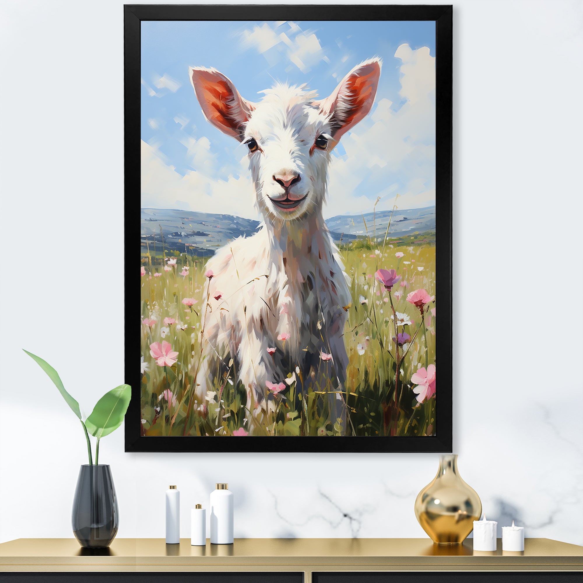 Cute goat in the floral meadows - White Goat Wall Art