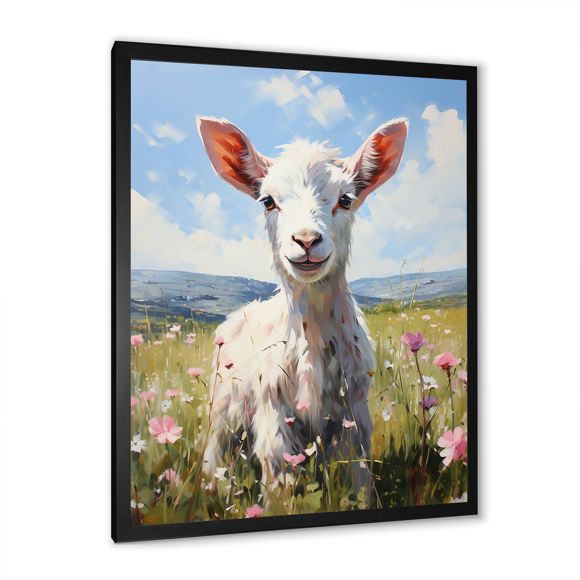Cute goat in the floral meadows - White Goat Wall Art