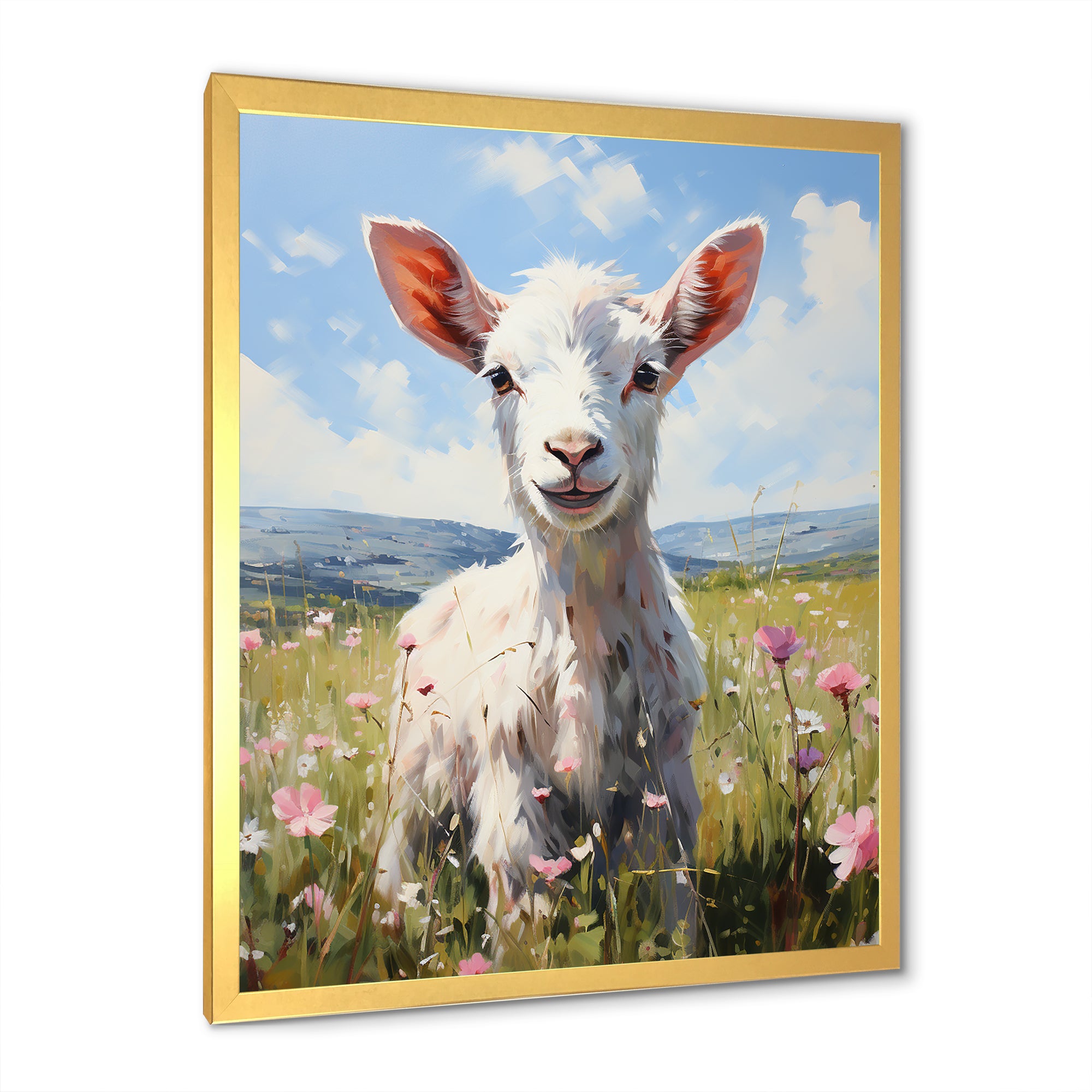 Cute goat in the floral meadows - White Goat Wall Art