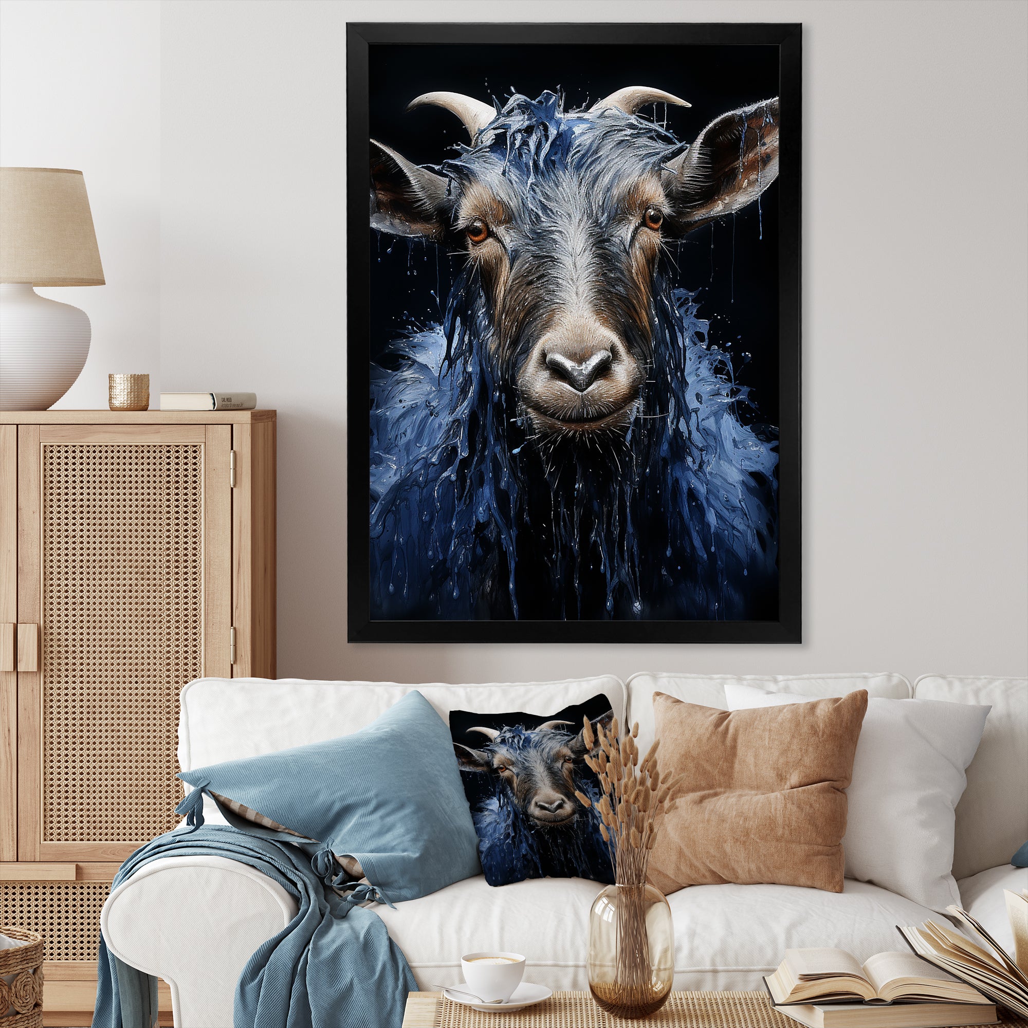 Blue celestial goat portrait - Goat Home Decor Art