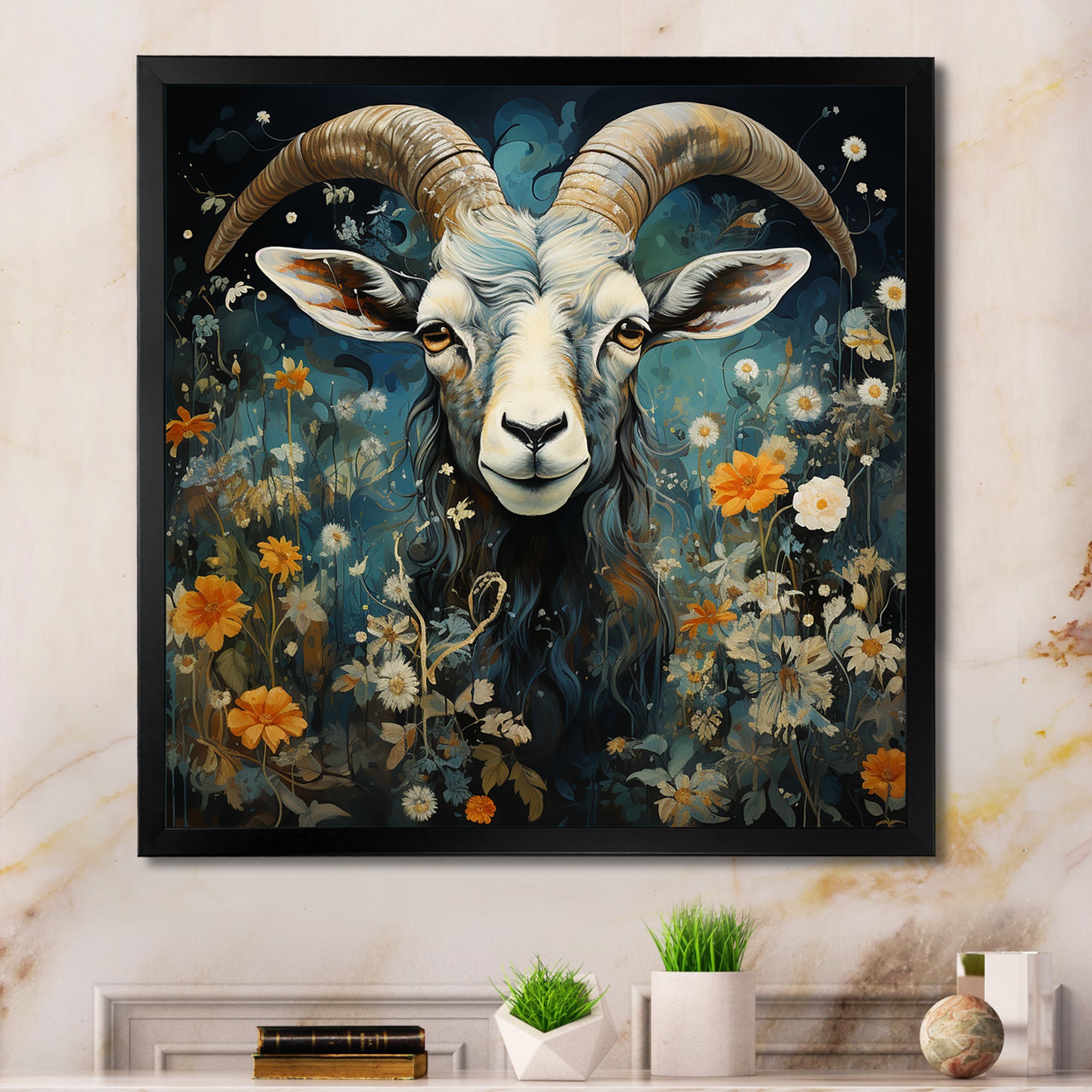 Blue and yellow goat blooms - Goat Living Room Wall Art