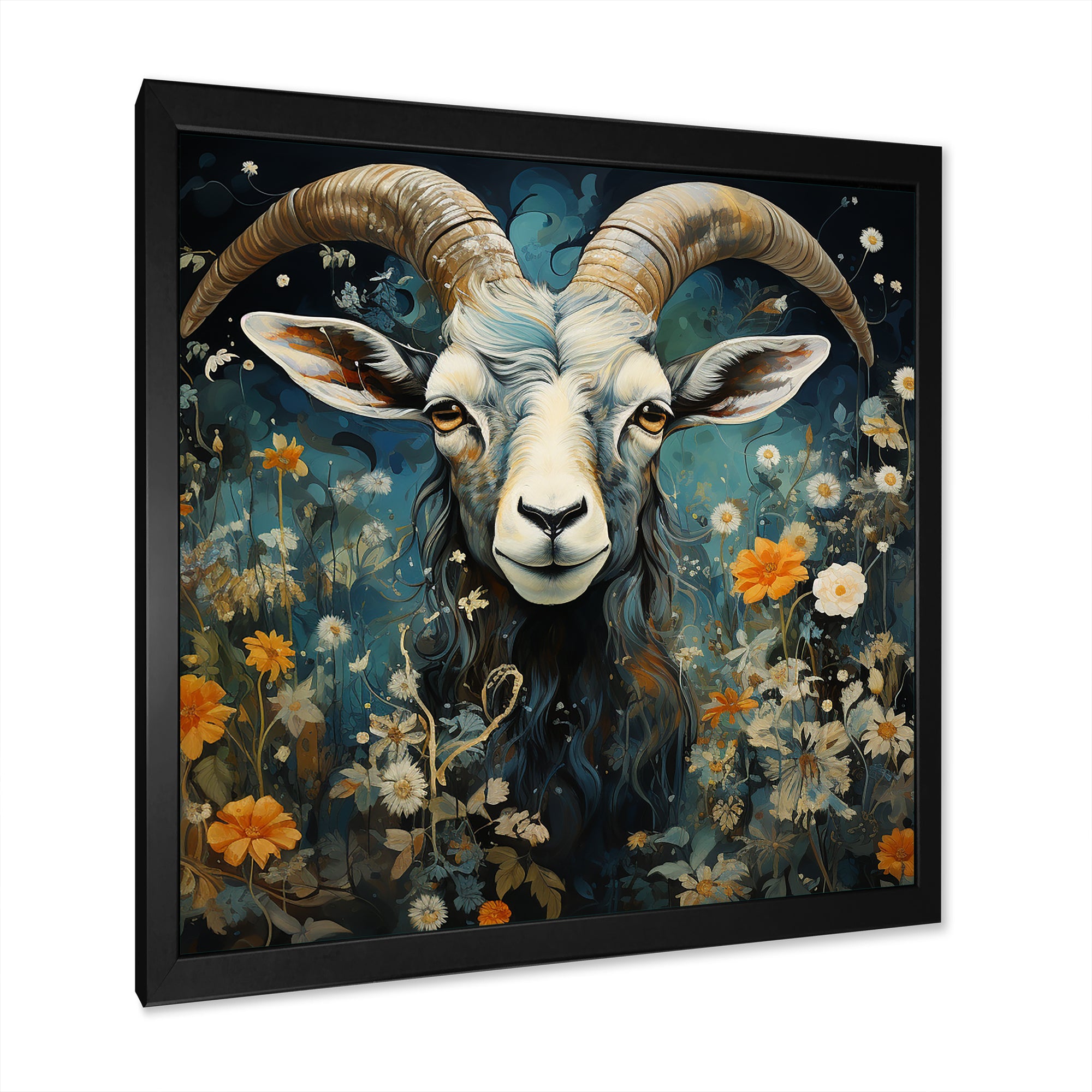 Blue and yellow goat blooms - Goat Living Room Wall Art