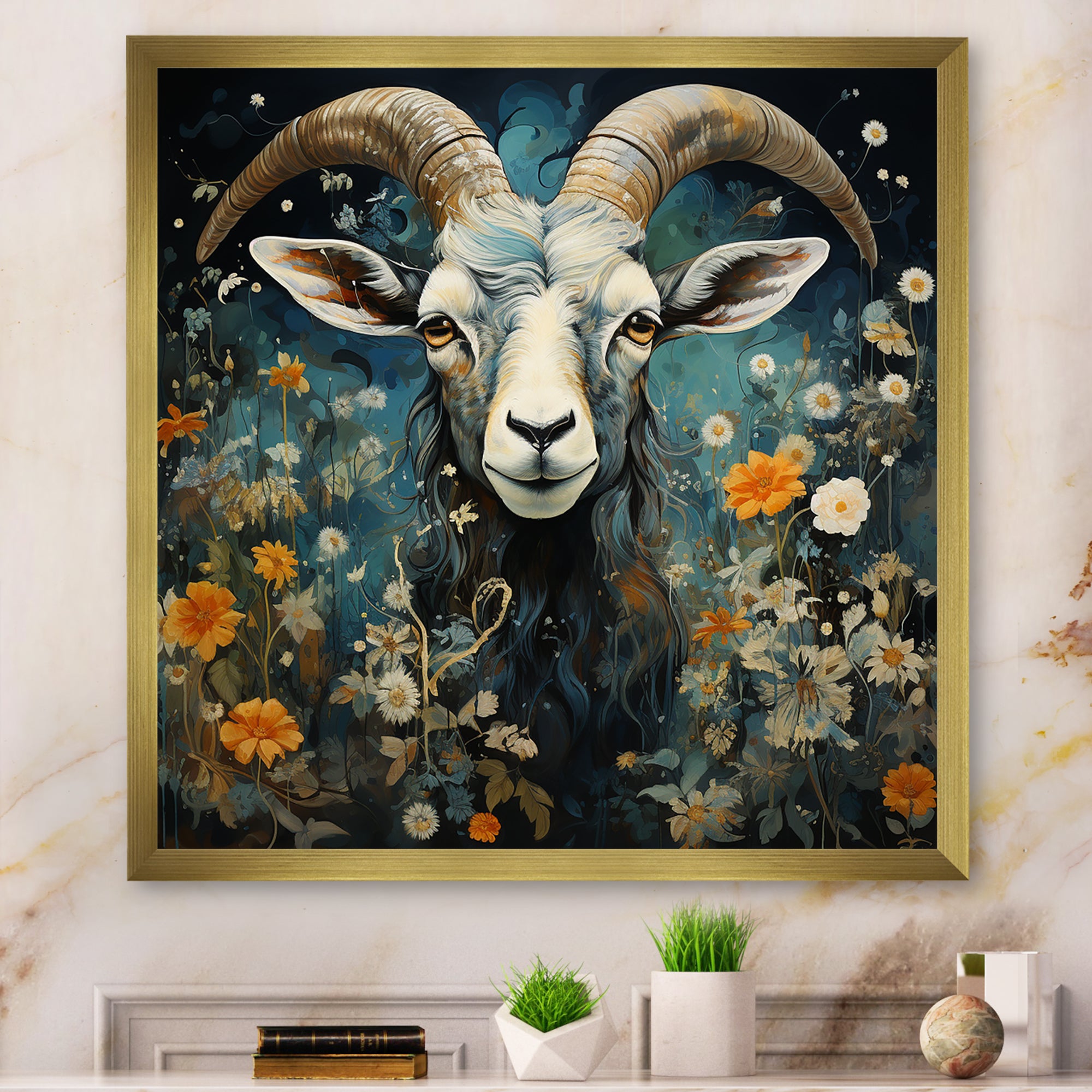 Blue and yellow goat blooms - Goat Living Room Wall Art