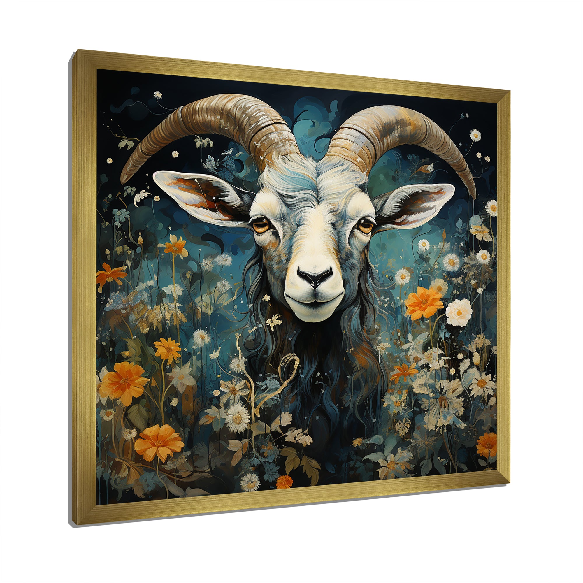 Blue and yellow goat blooms - Goat Living Room Wall Art