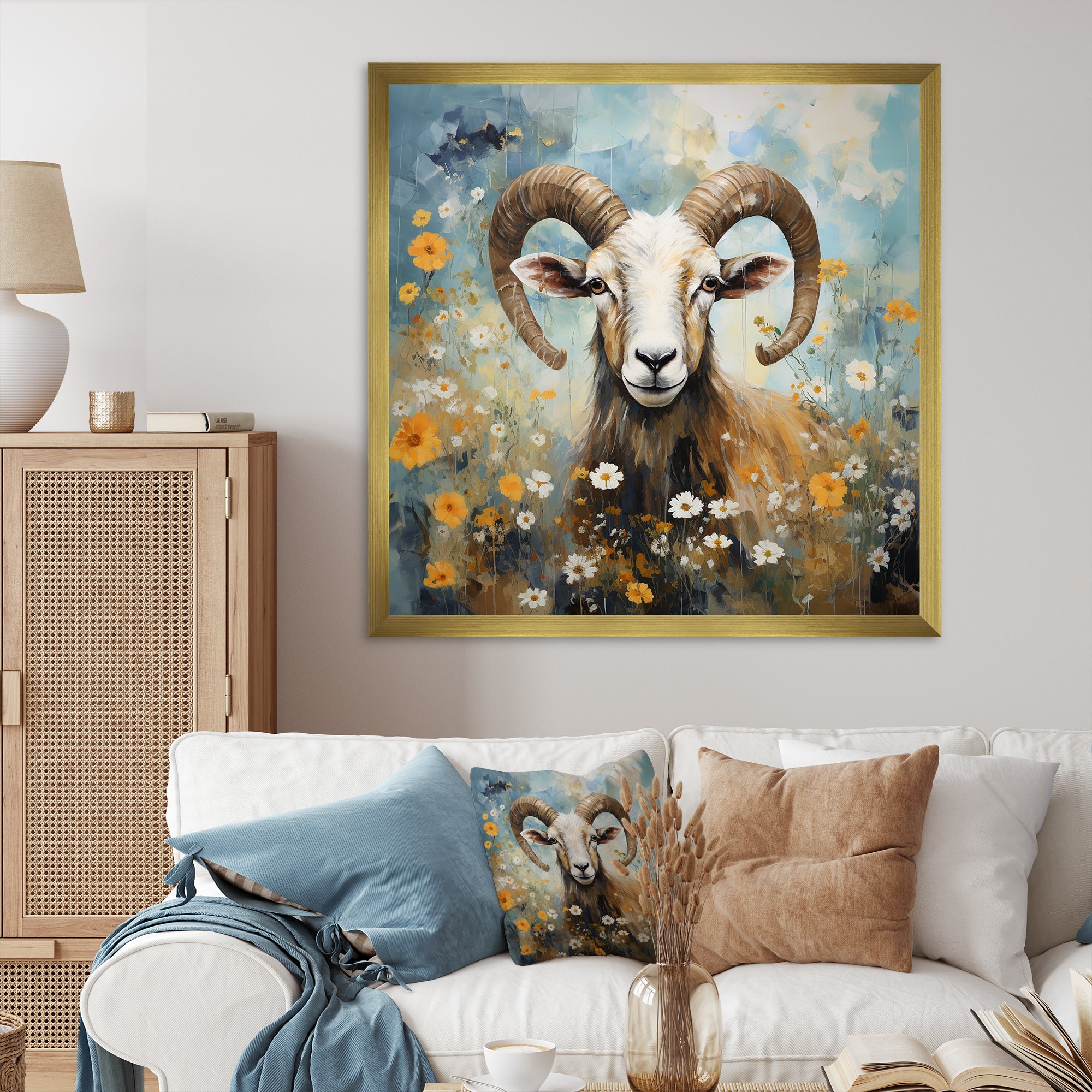Yellow goat blooms in meadow flowers - Goat Canvas Wall Art