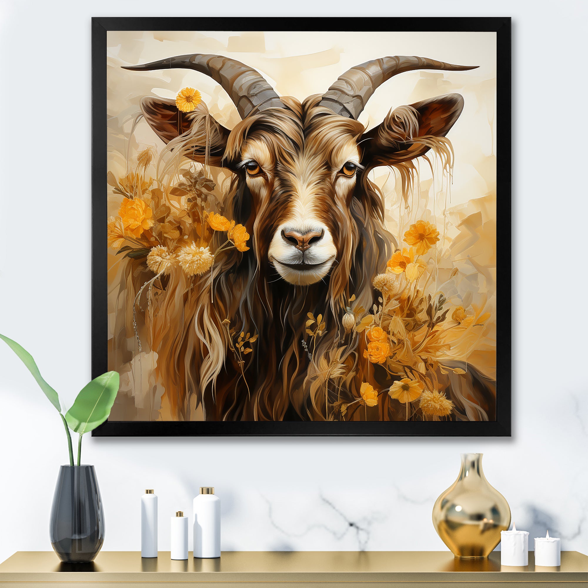 Yellow and brown Goat floral meadow - Goat Living Room Wall Art