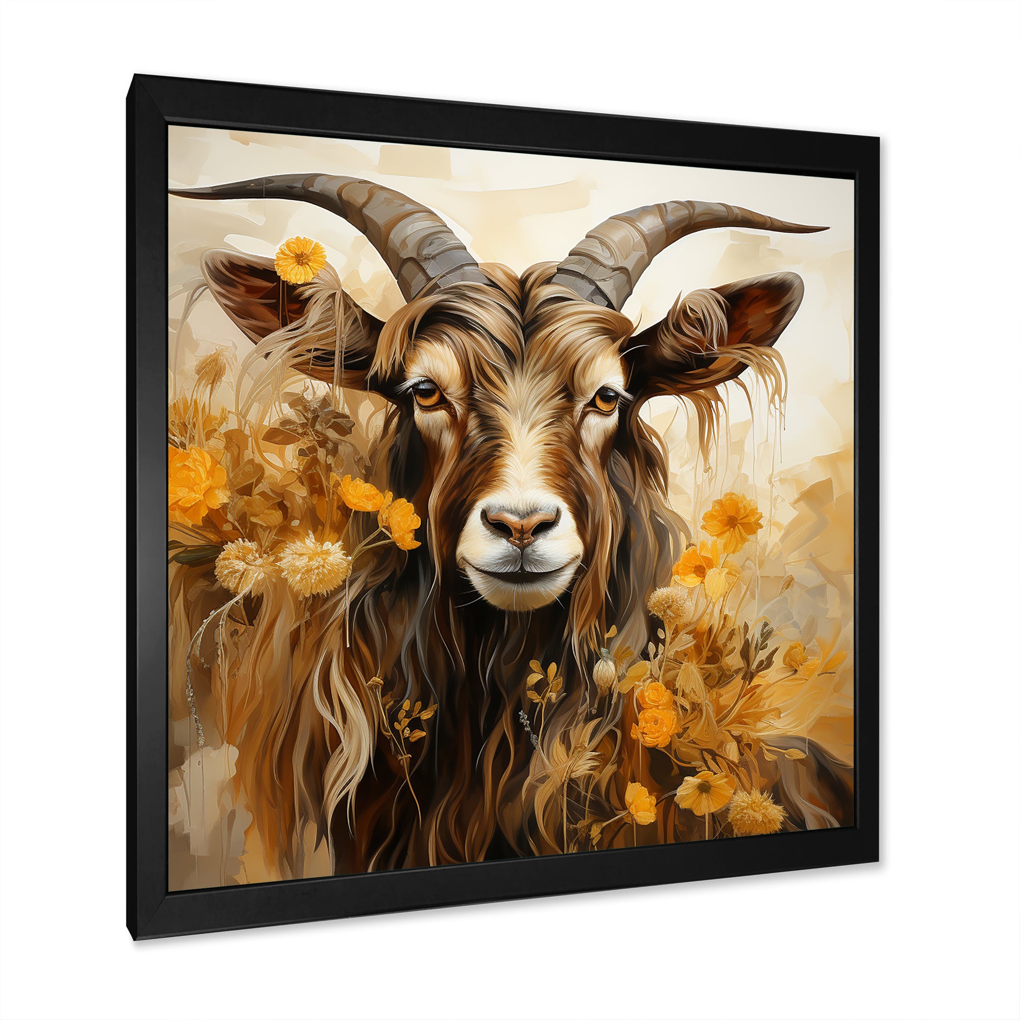 Yellow and brown Goat floral meadow - Goat Living Room Wall Art