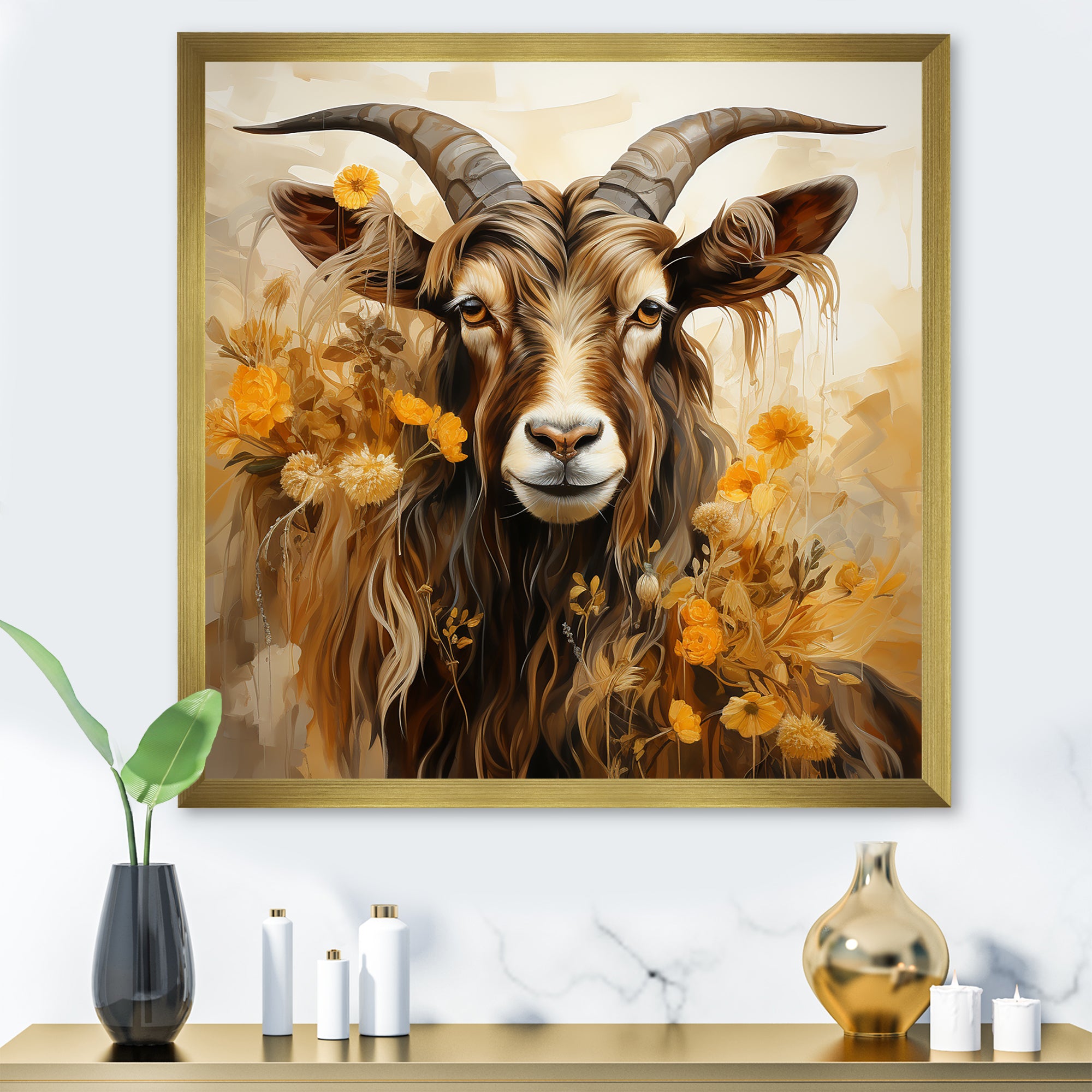 Yellow and brown Goat floral meadow - Goat Living Room Wall Art