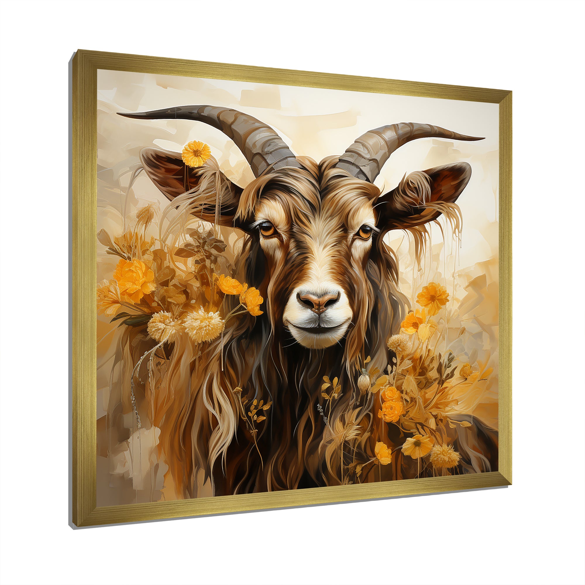 Yellow and brown Goat floral meadow - Goat Living Room Wall Art