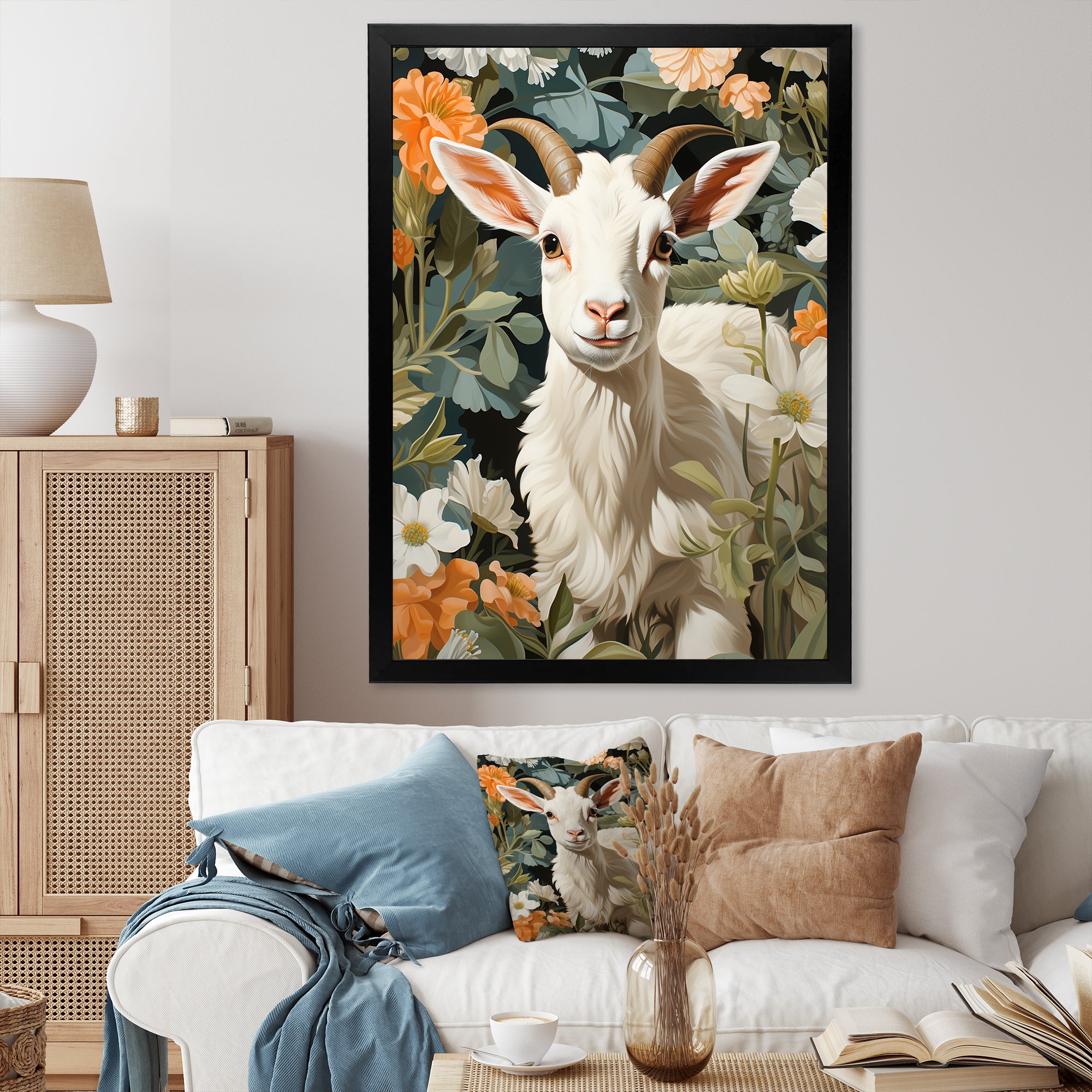White goat portrait with summer flower - Goat Canvas Wall Art