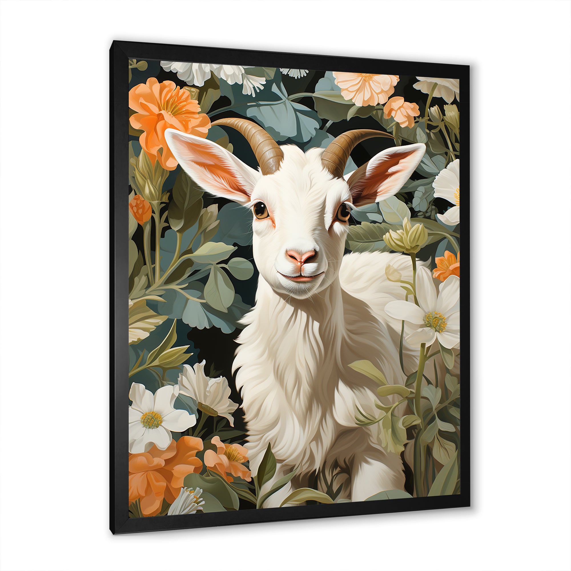 White goat portrait with summer flower - Goat Canvas Wall Art