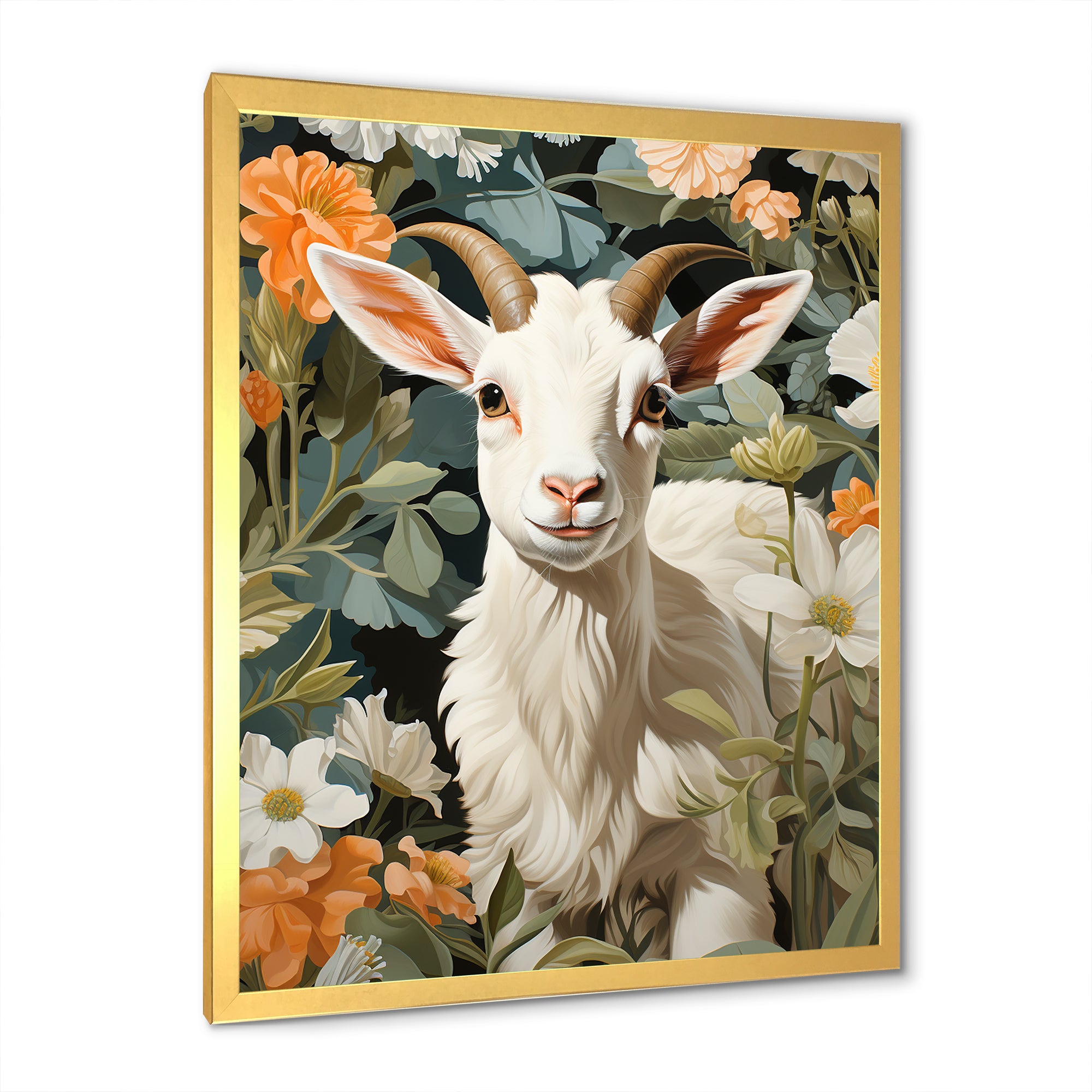 White goat portrait with summer flower - Goat Canvas Wall Art