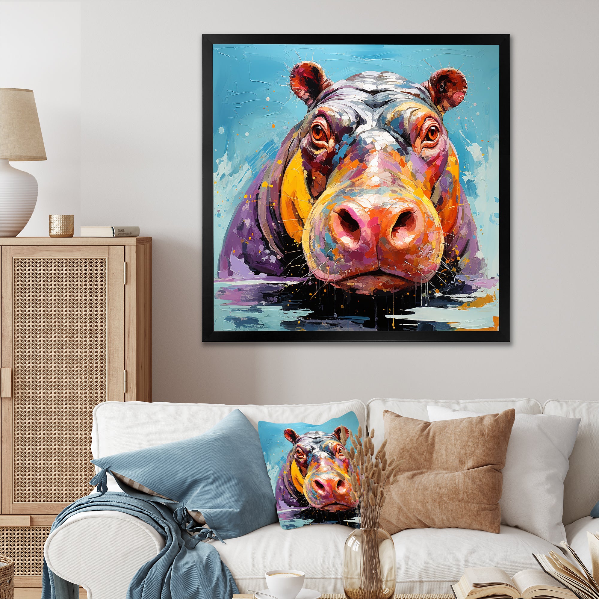 Blue Colorful Hippo harmony - Hippopotamus Framed Canvas Art