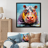 Blue Colorful Hippo harmony - Hippopotamus Framed Canvas Art