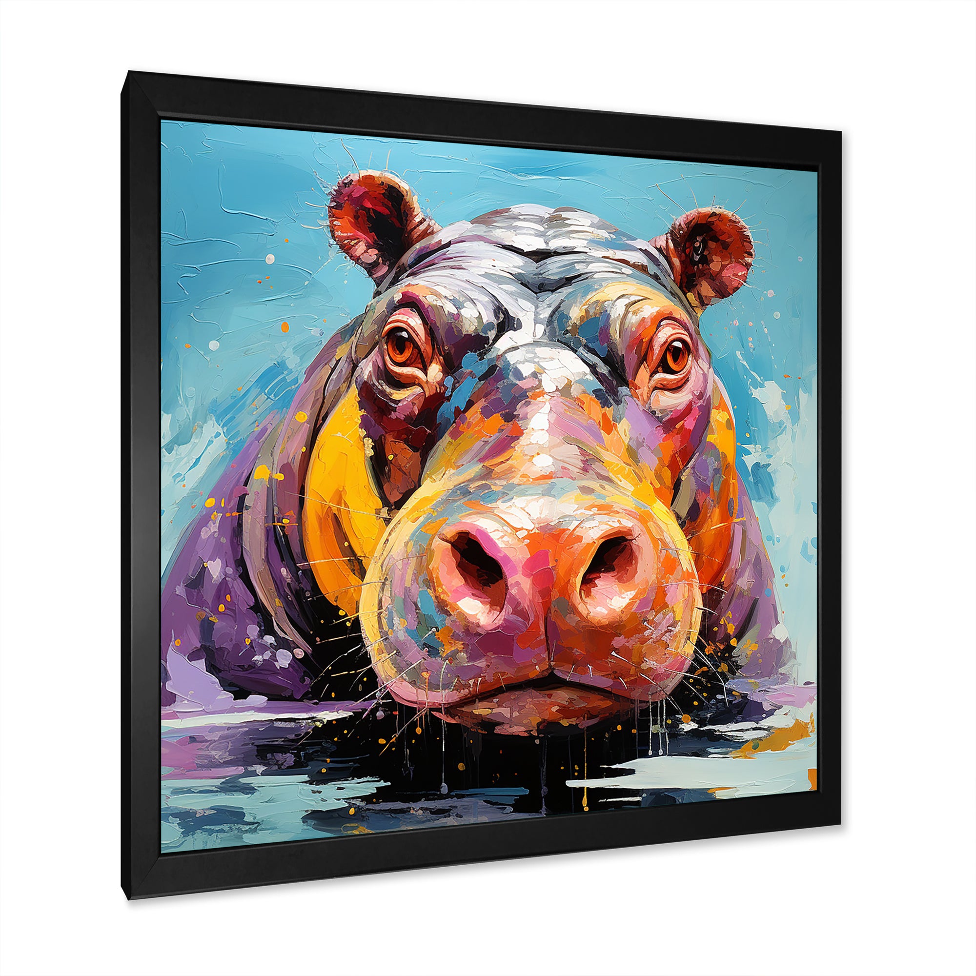 Blue Colorful Hippo harmony - Hippopotamus Framed Canvas Art