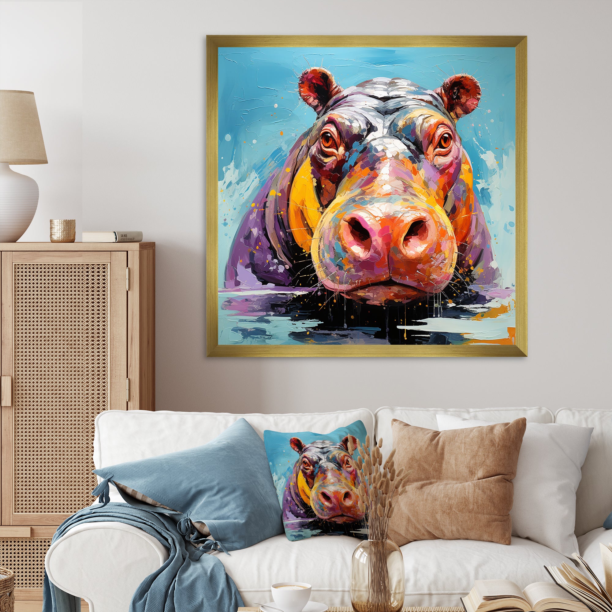Blue Colorful Hippo harmony - Hippopotamus Framed Canvas Art