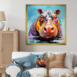 Blue Colorful Hippo harmony - Hippopotamus Framed Canvas Art