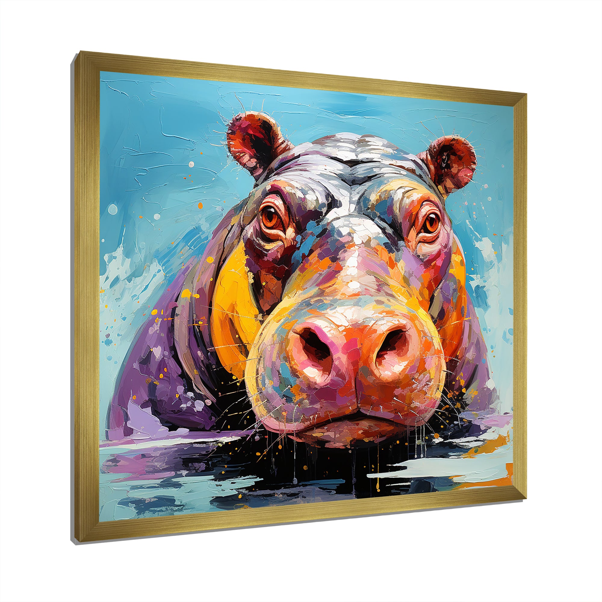 Blue Colorful Hippo harmony - Hippopotamus Framed Canvas Art