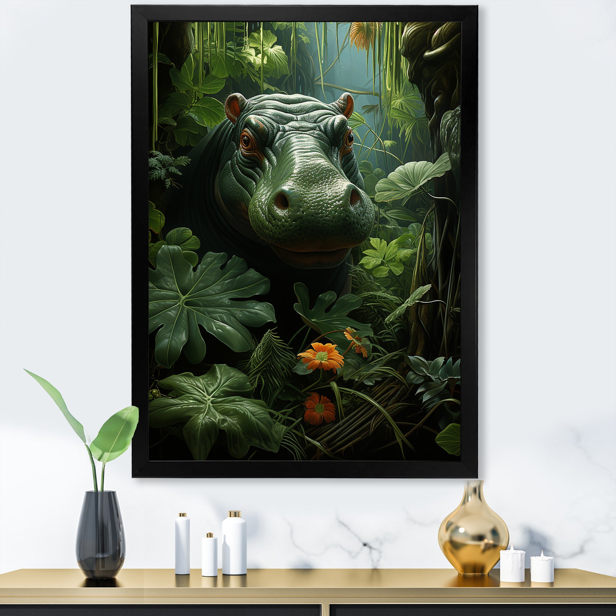 Green Vibrant Hippo Portrait - Hippopotamus Wall Art Prints