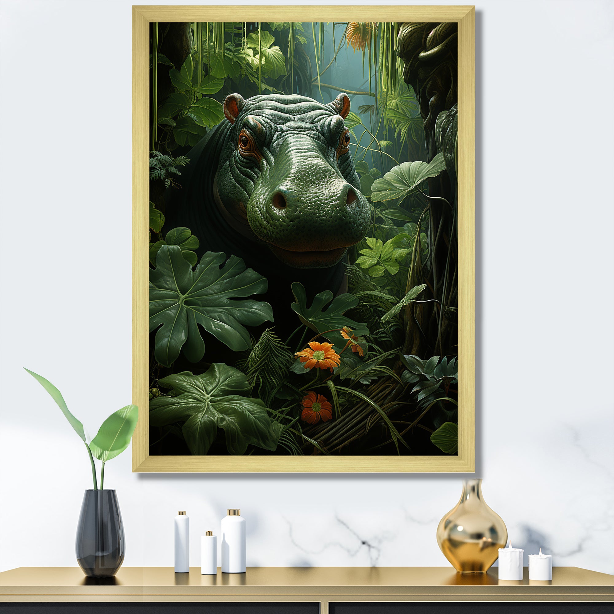 Green Vibrant Hippo Portrait - Hippopotamus Wall Art Prints