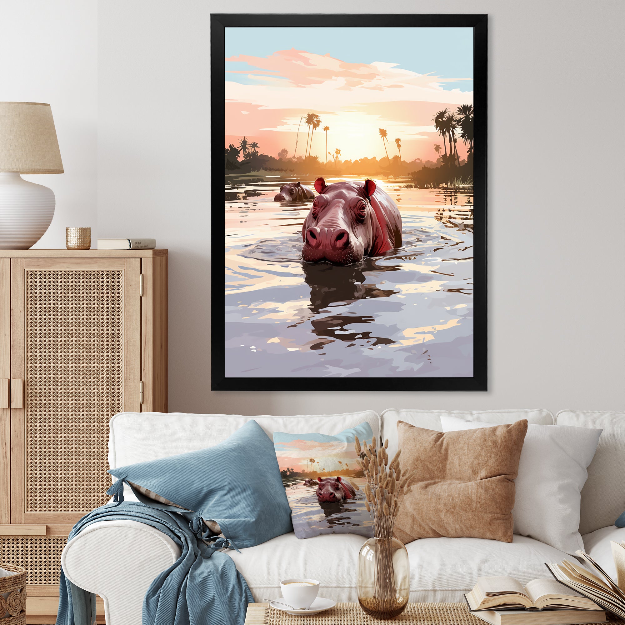 Grey Silhouetted Safari Hippo - Hippopotamus Home Decor Art
