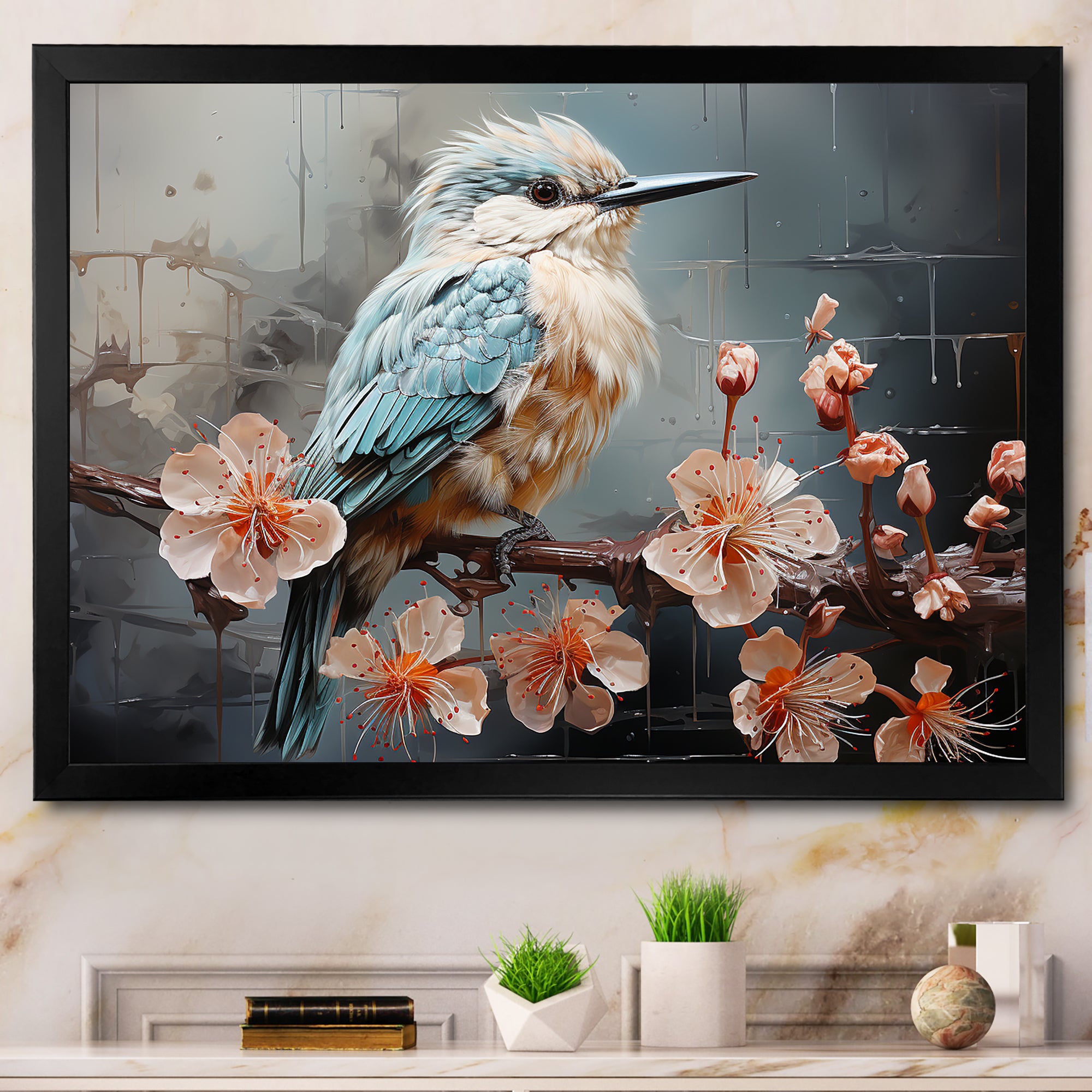 Blue floral dancing Hummingbird - Hummingbird Wall Art Prints
