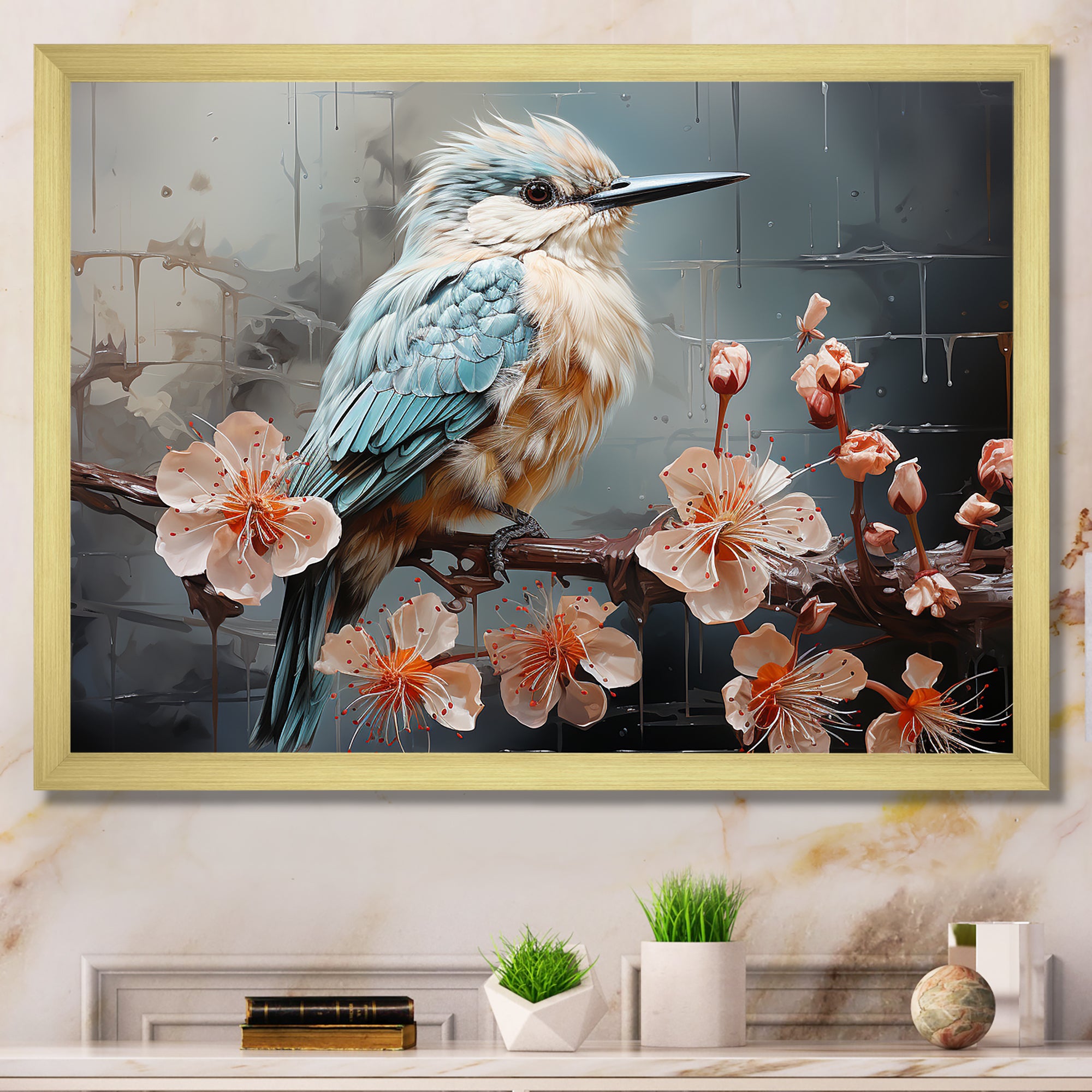 Blue floral dancing Hummingbird - Hummingbird Wall Art Prints