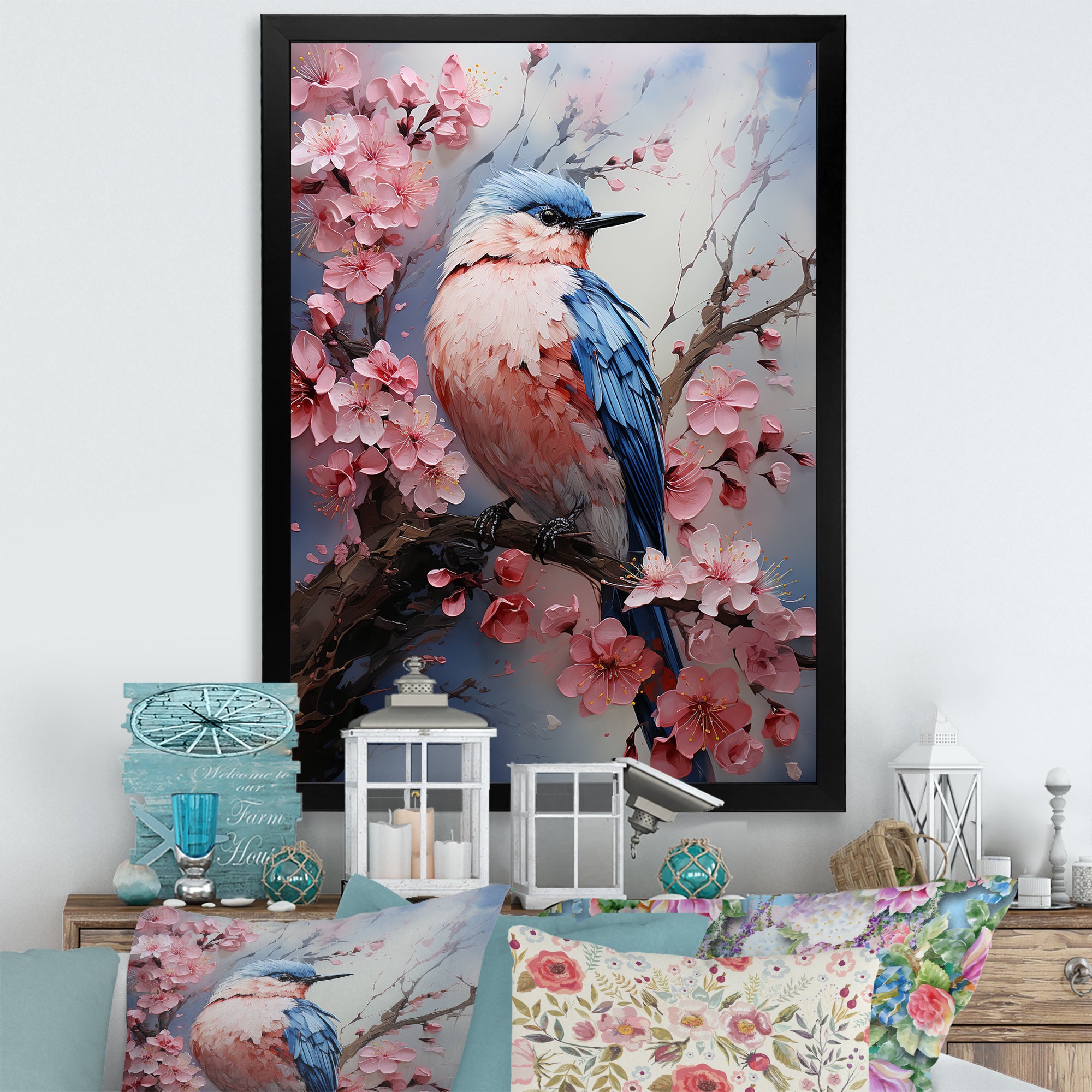 Blue bird among florals - Bird Home Decor Art